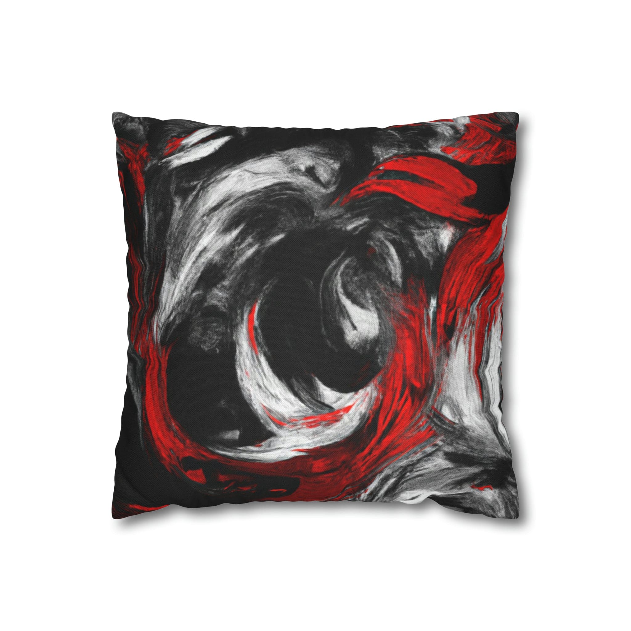 Decorative throw pillow cover featuring a black, red, and white abstract pattern, ideal for enhancing home decor.