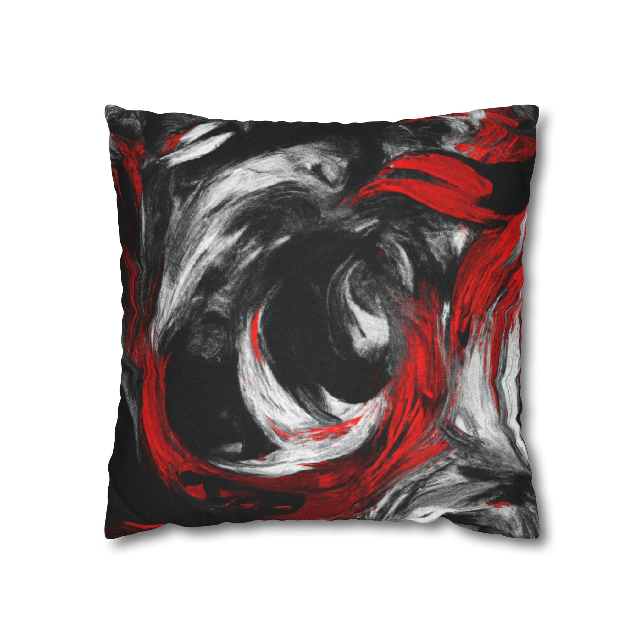 Decorative throw pillow cover featuring a black, red, and white abstract pattern, ideal for enhancing home decor.