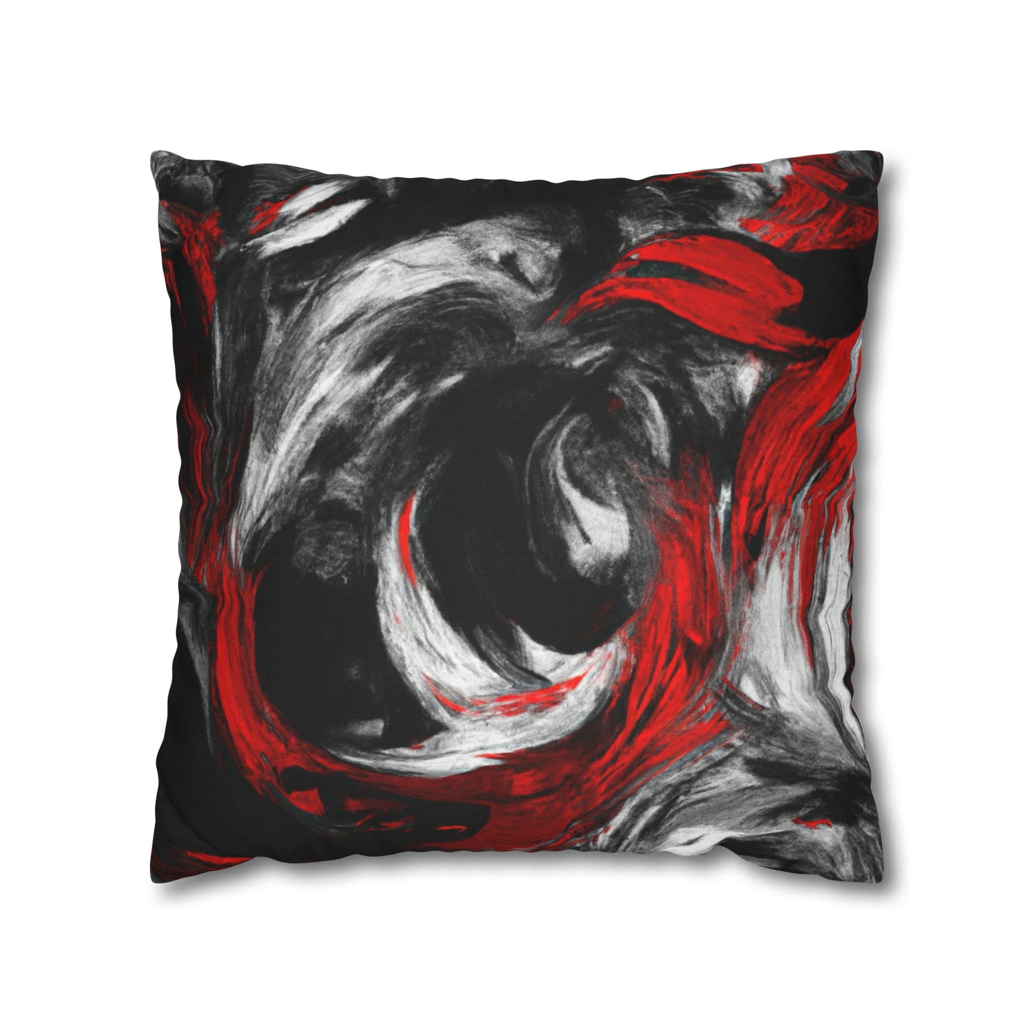 Decorative throw pillow cover featuring a black, red, and white abstract pattern, ideal for enhancing home decor.