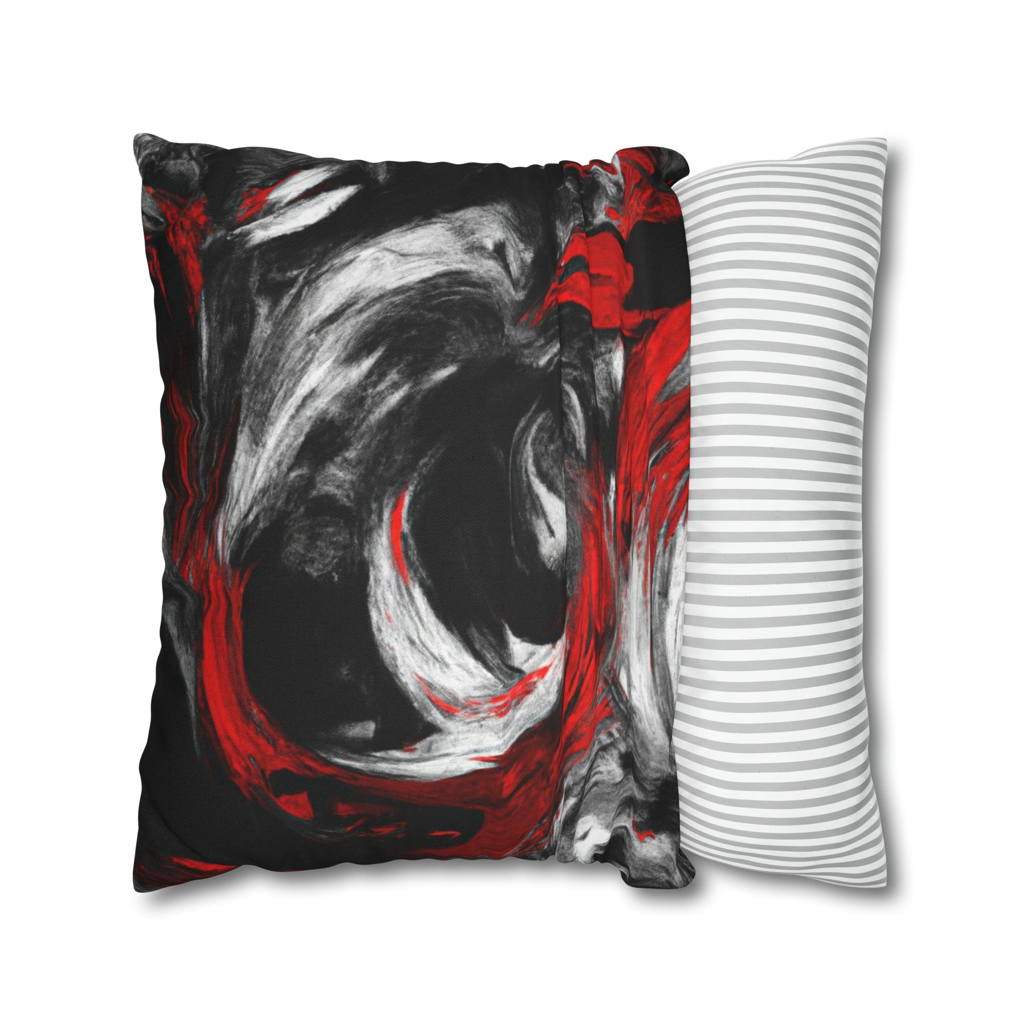 Decorative throw pillow cover featuring a black, red, and white abstract pattern, ideal for enhancing home decor.