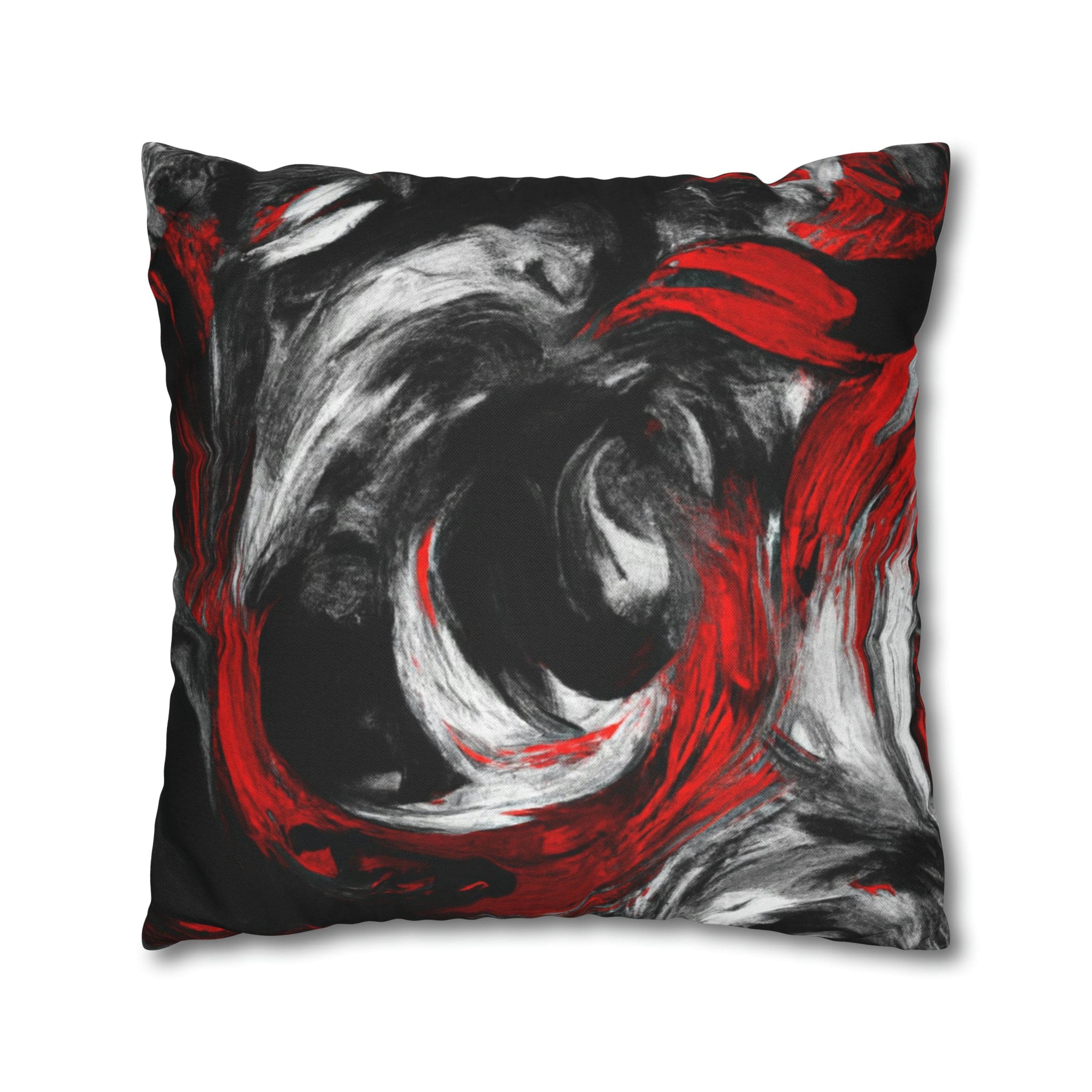 Decorative throw pillow cover featuring a black, red, and white abstract pattern, ideal for enhancing home decor.