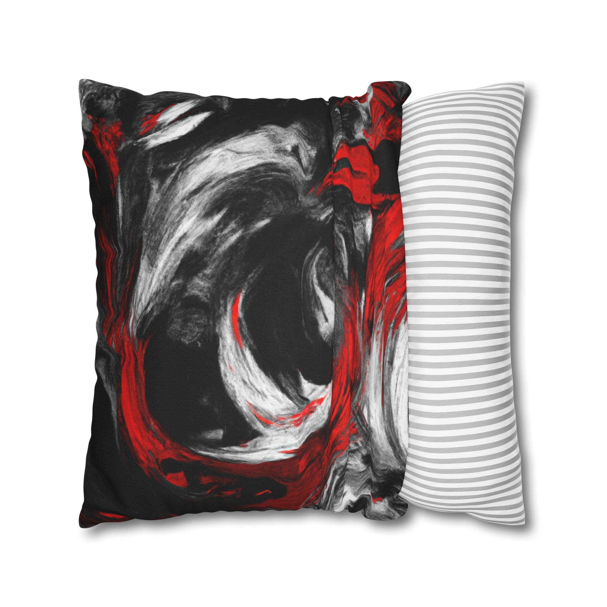 Decorative throw pillow cover featuring a black, red, and white abstract pattern, ideal for enhancing home decor.