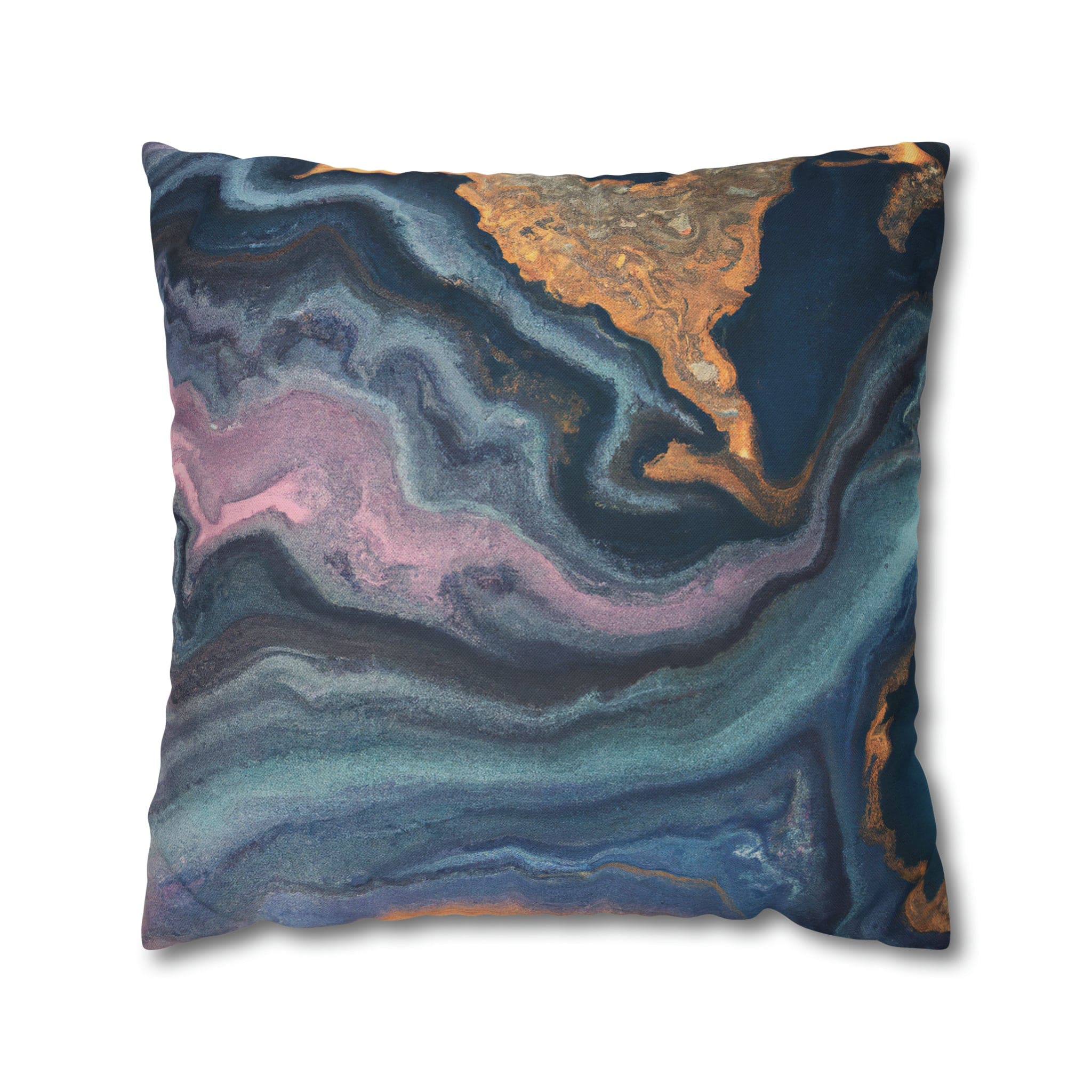 Decorative throw pillow cover featuring a blue, pink, and gold marble swirl pattern, showcasing vibrant colors and a luxurious design.