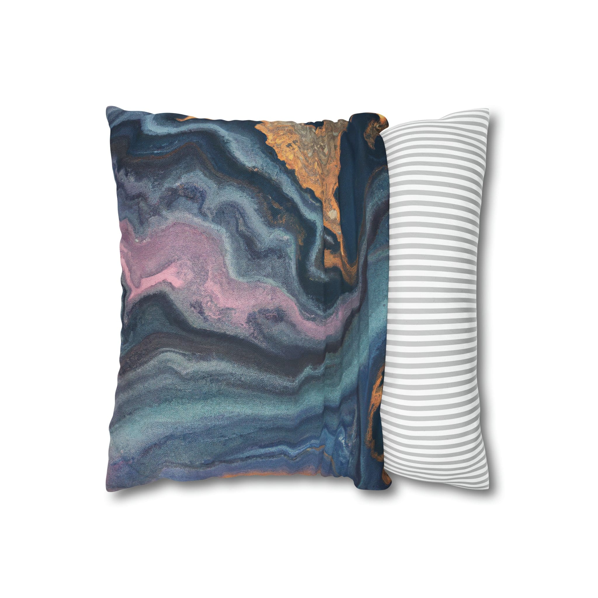 Decorative throw pillow cover featuring a blue, pink, and gold marble swirl pattern, showcasing vibrant colors and a luxurious design.