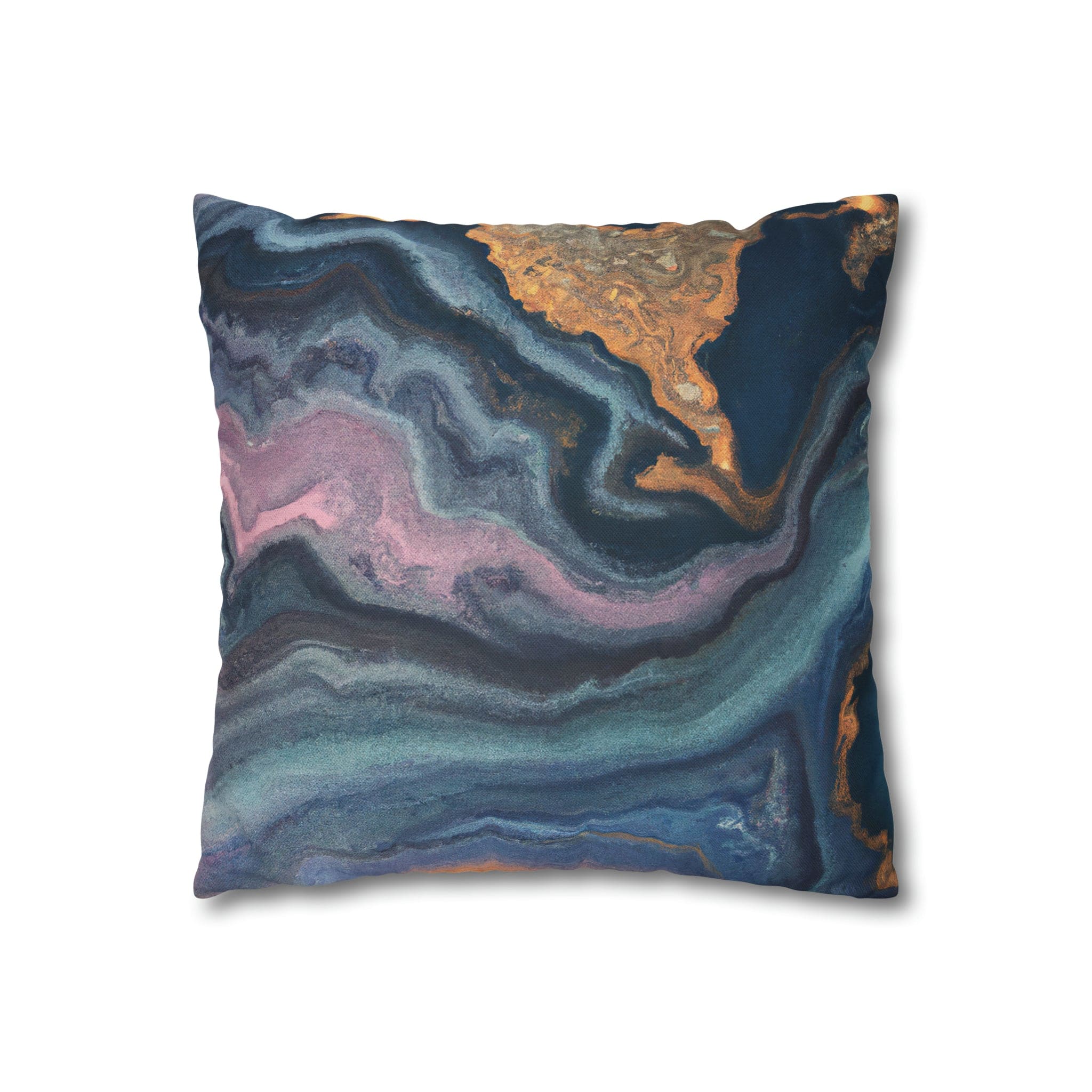 Decorative throw pillow cover featuring a blue, pink, and gold marble swirl pattern, showcasing vibrant colors and a luxurious design.