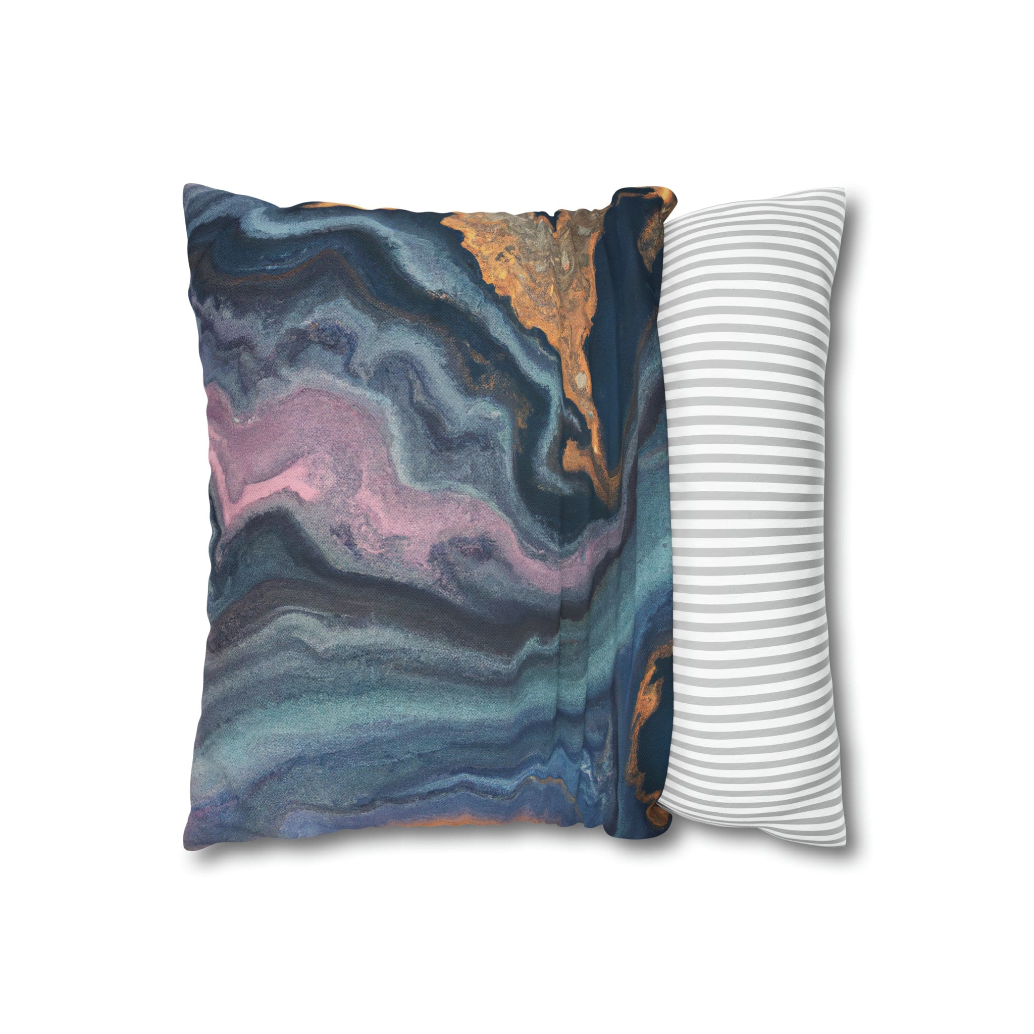 Decorative throw pillow cover featuring a blue, pink, and gold marble swirl pattern, showcasing vibrant colors and a luxurious design.