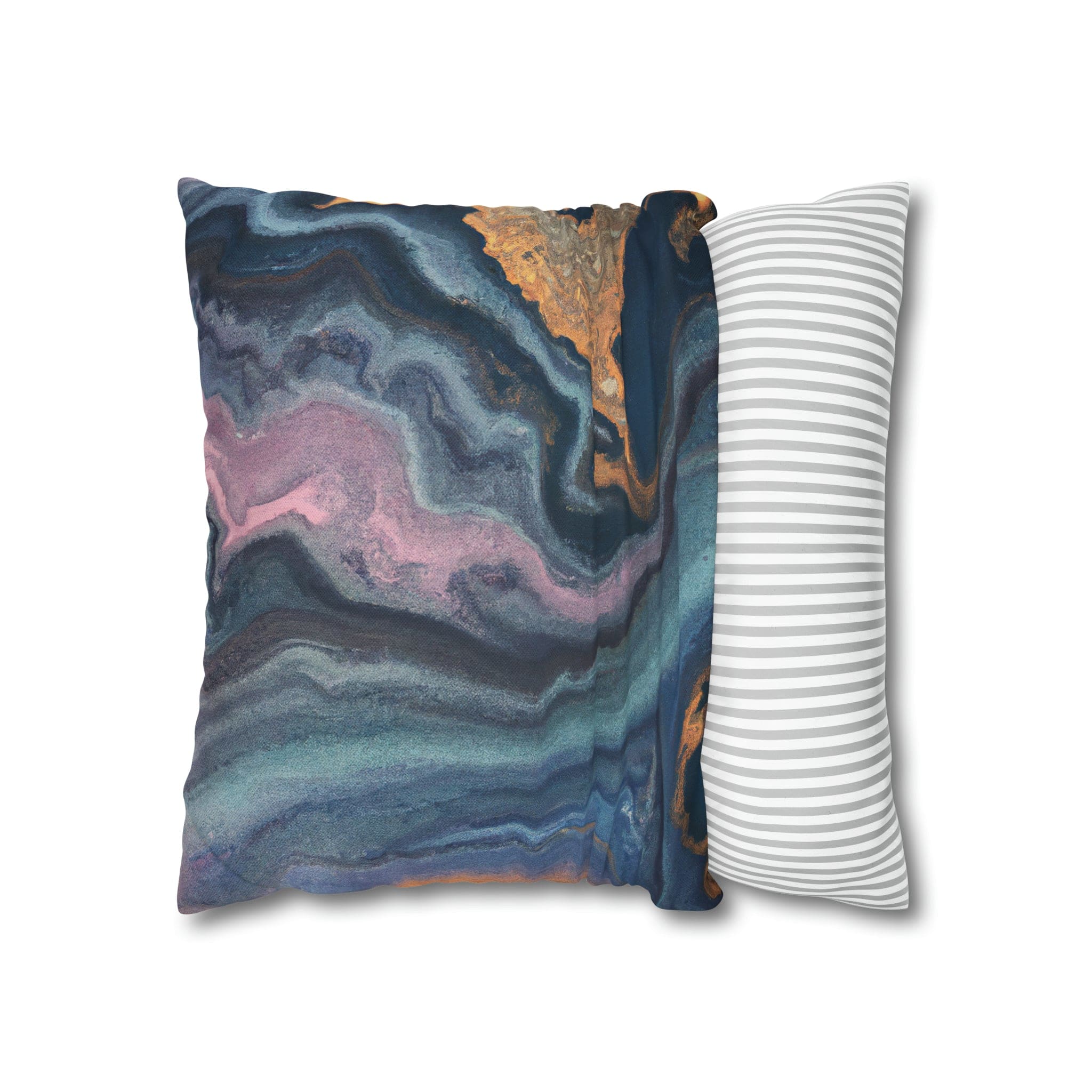 Decorative throw pillow cover featuring a blue, pink, and gold marble swirl pattern, showcasing vibrant colors and a luxurious design.