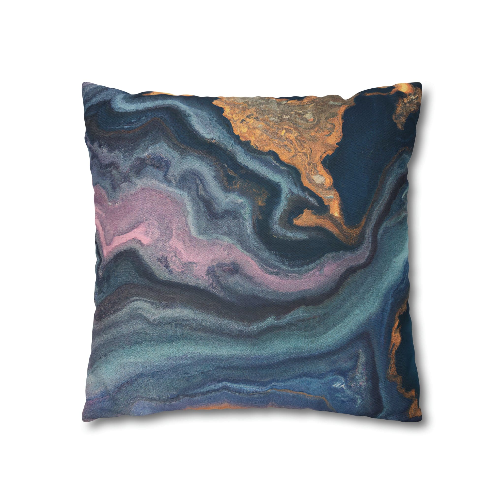 Decorative throw pillow cover featuring a blue, pink, and gold marble swirl pattern, showcasing vibrant colors and a luxurious design.