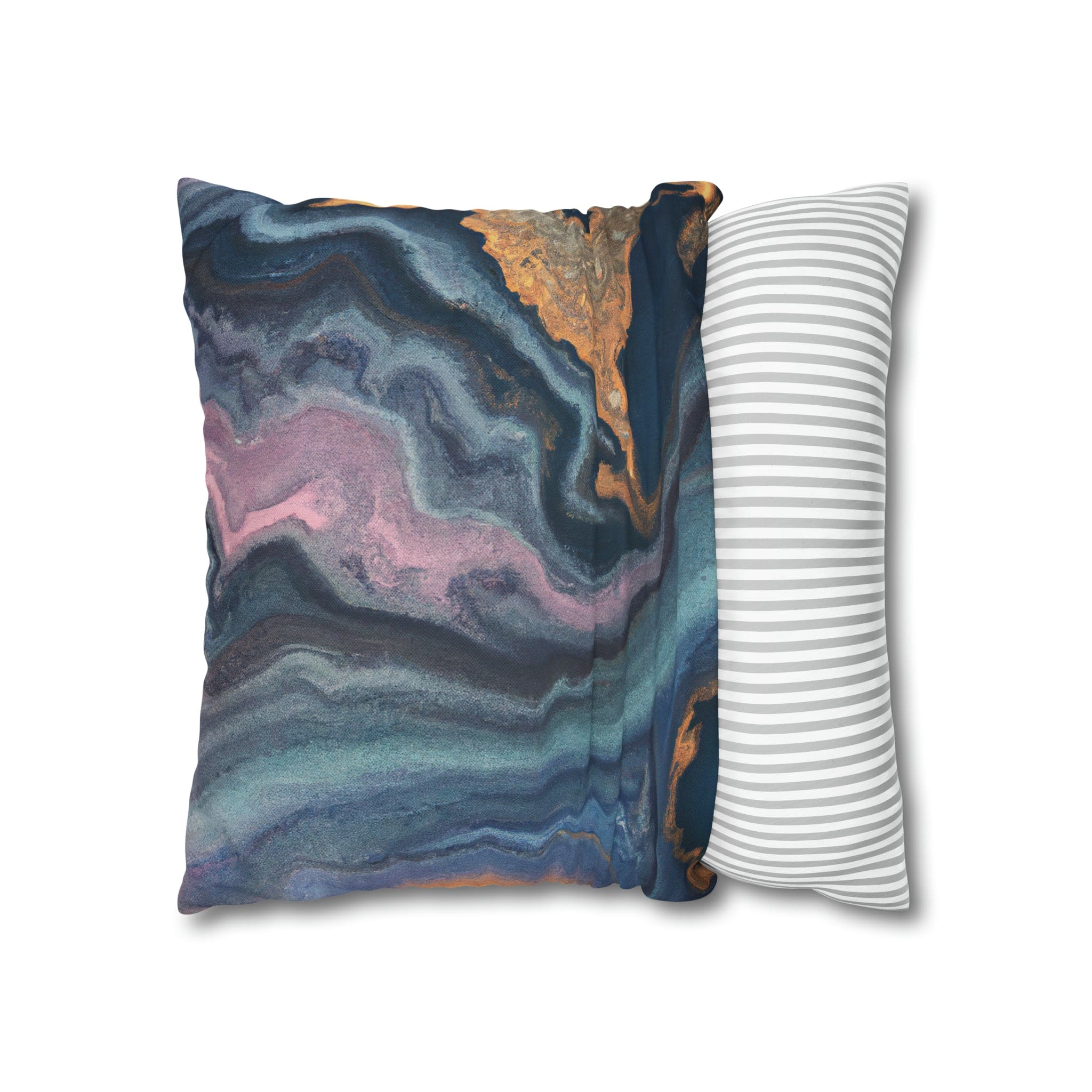 Decorative throw pillow cover featuring a blue, pink, and gold marble swirl pattern, showcasing vibrant colors and a luxurious design.