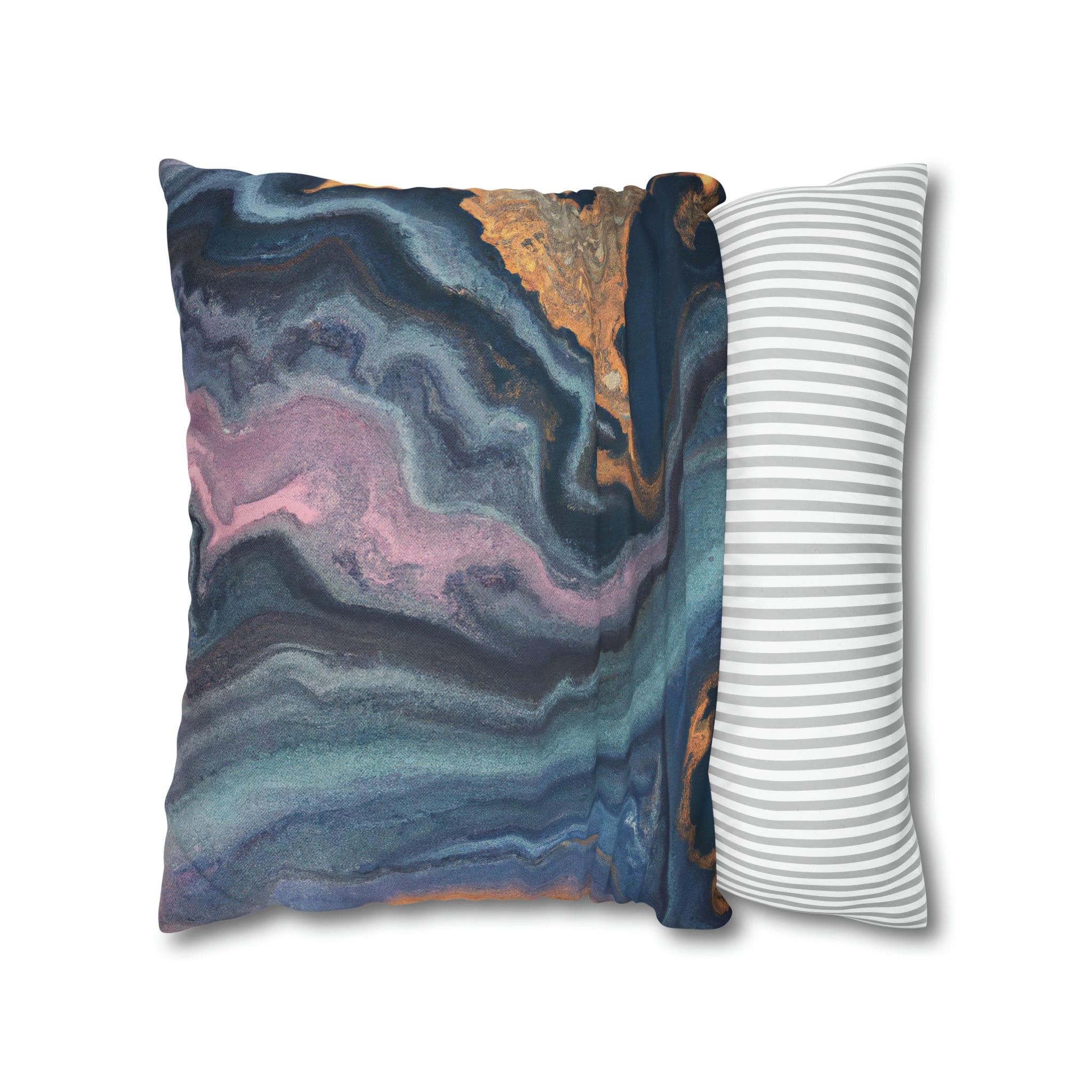 Decorative throw pillow cover featuring a blue, pink, and gold marble swirl pattern, showcasing vibrant colors and a luxurious design.