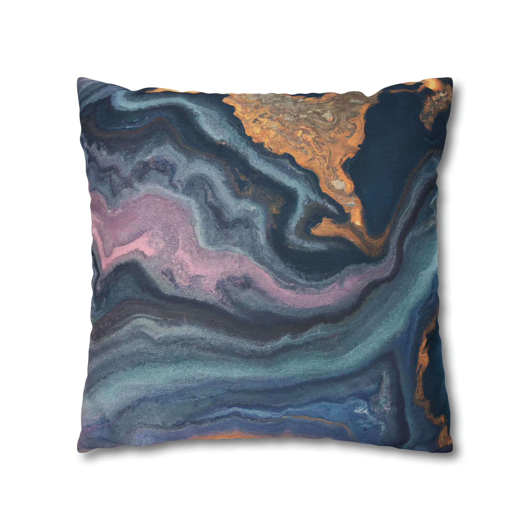 Decorative throw pillow cover featuring a blue, pink, and gold marble swirl pattern, showcasing vibrant colors and a luxurious design.