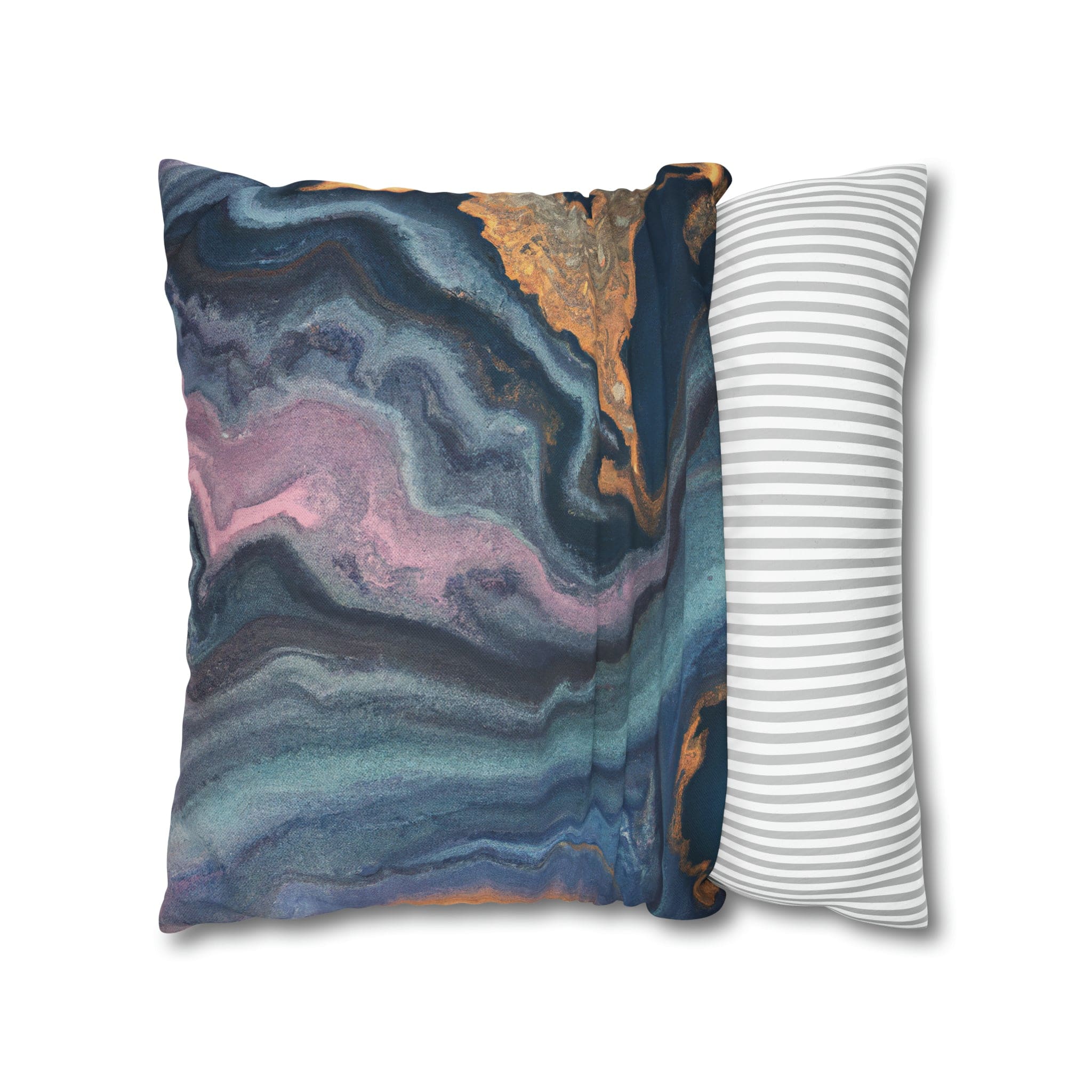 Decorative throw pillow cover featuring a blue, pink, and gold marble swirl pattern, showcasing vibrant colors and a luxurious design.