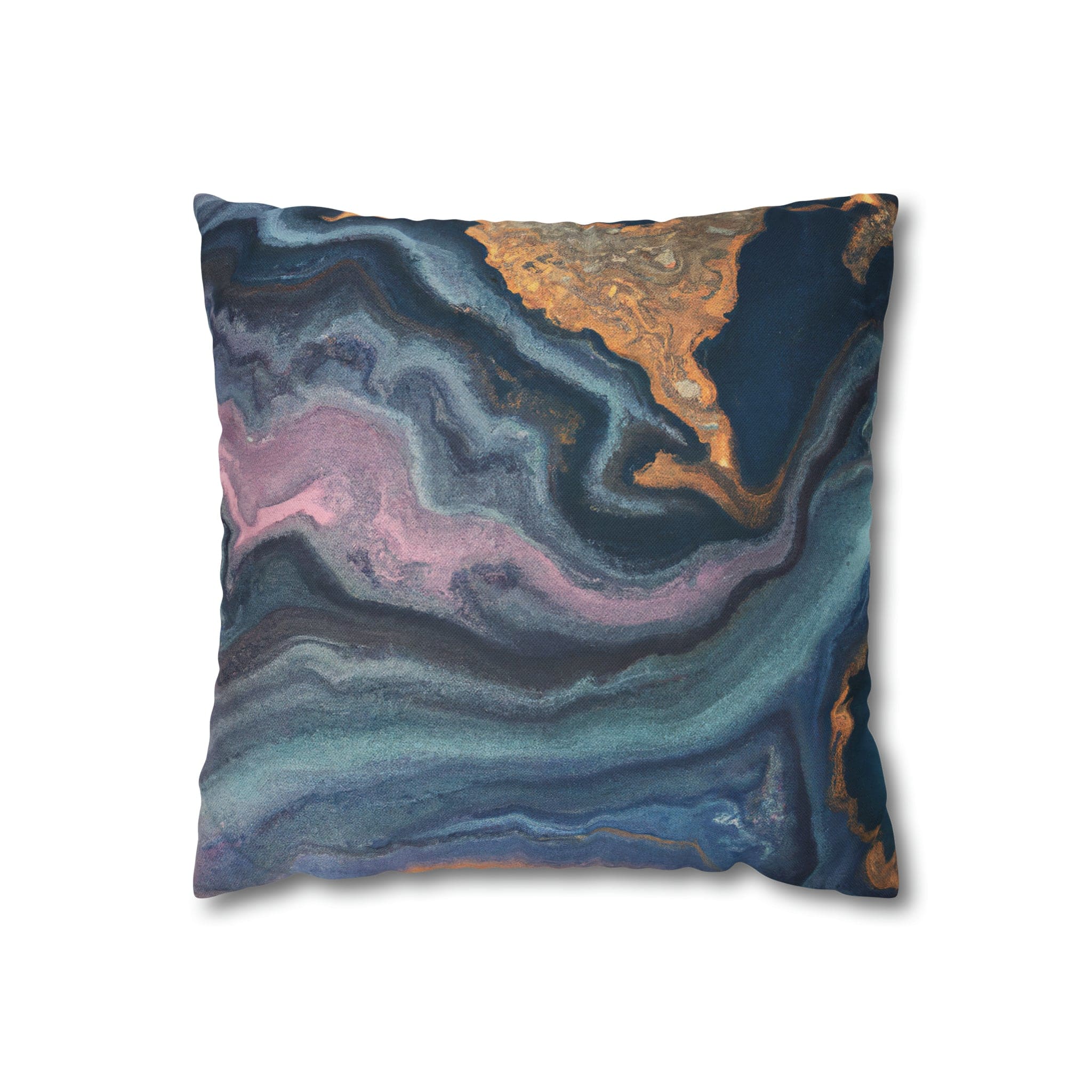 Decorative throw pillow cover featuring a blue, pink, and gold marble swirl pattern, showcasing vibrant colors and a luxurious design.