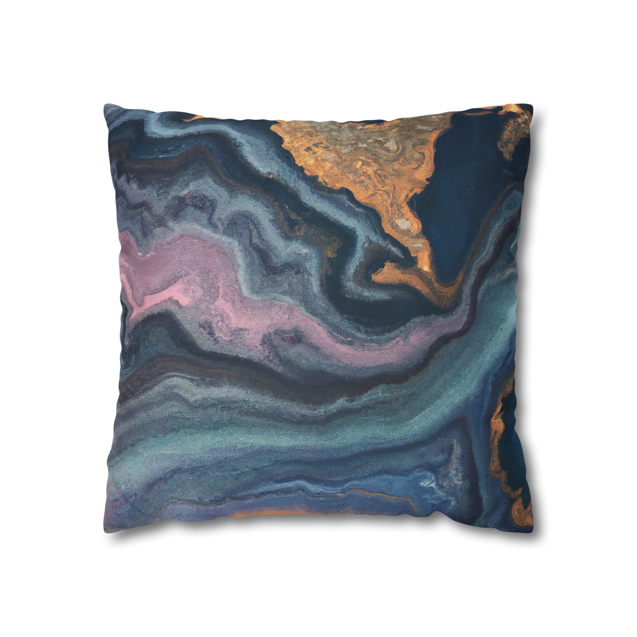 Decorative throw pillow cover featuring a blue, pink, and gold marble swirl pattern, showcasing vibrant colors and a luxurious design.