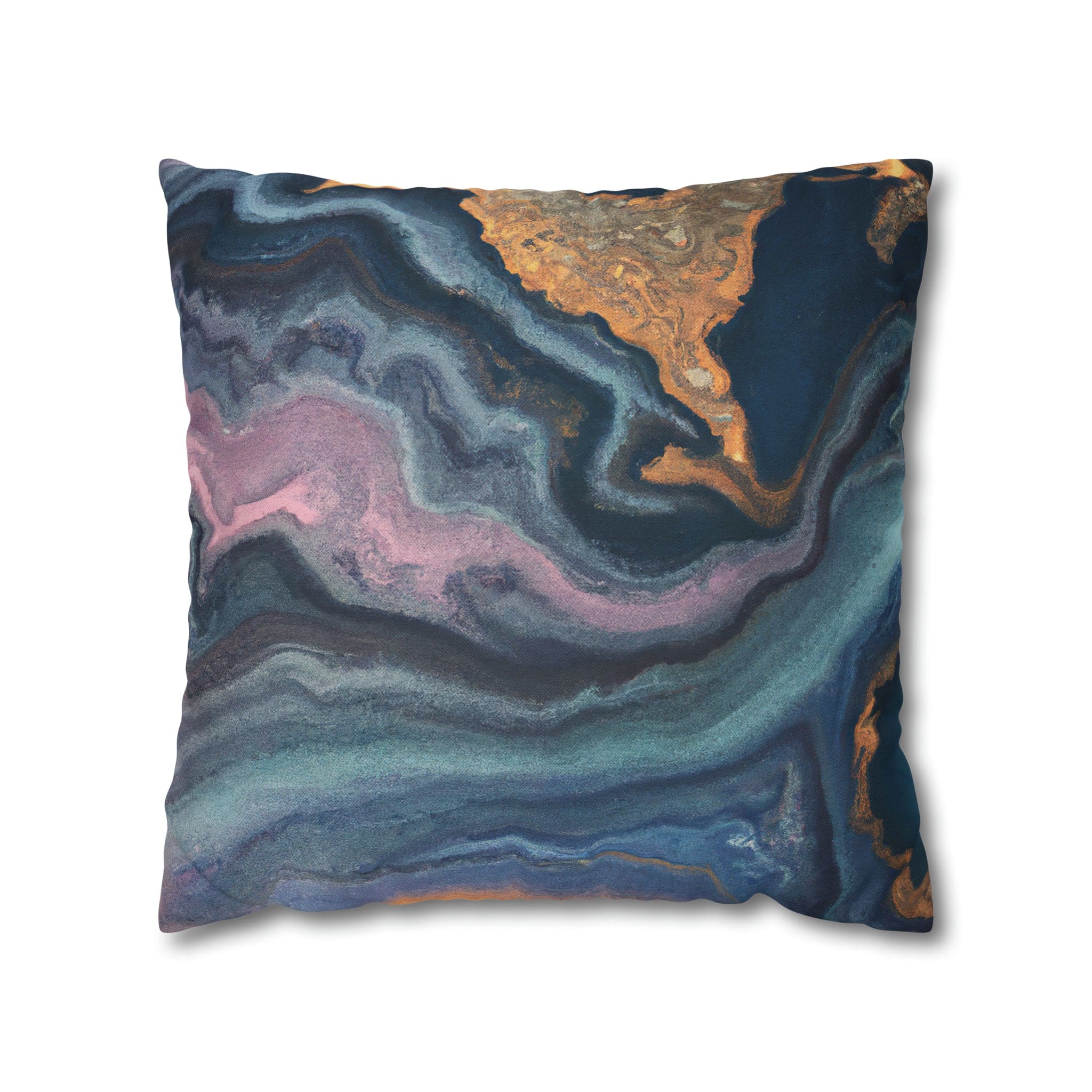 Decorative throw pillow cover featuring a blue, pink, and gold marble swirl pattern, showcasing vibrant colors and a luxurious design.