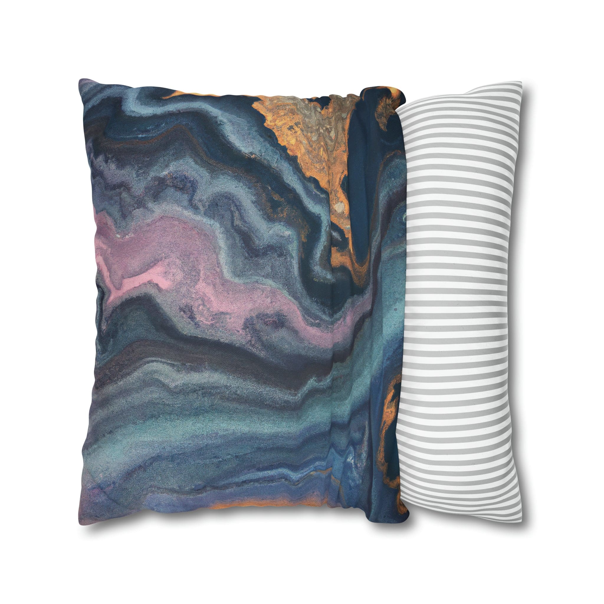 Decorative throw pillow cover featuring a blue, pink, and gold marble swirl pattern, showcasing vibrant colors and a luxurious design.