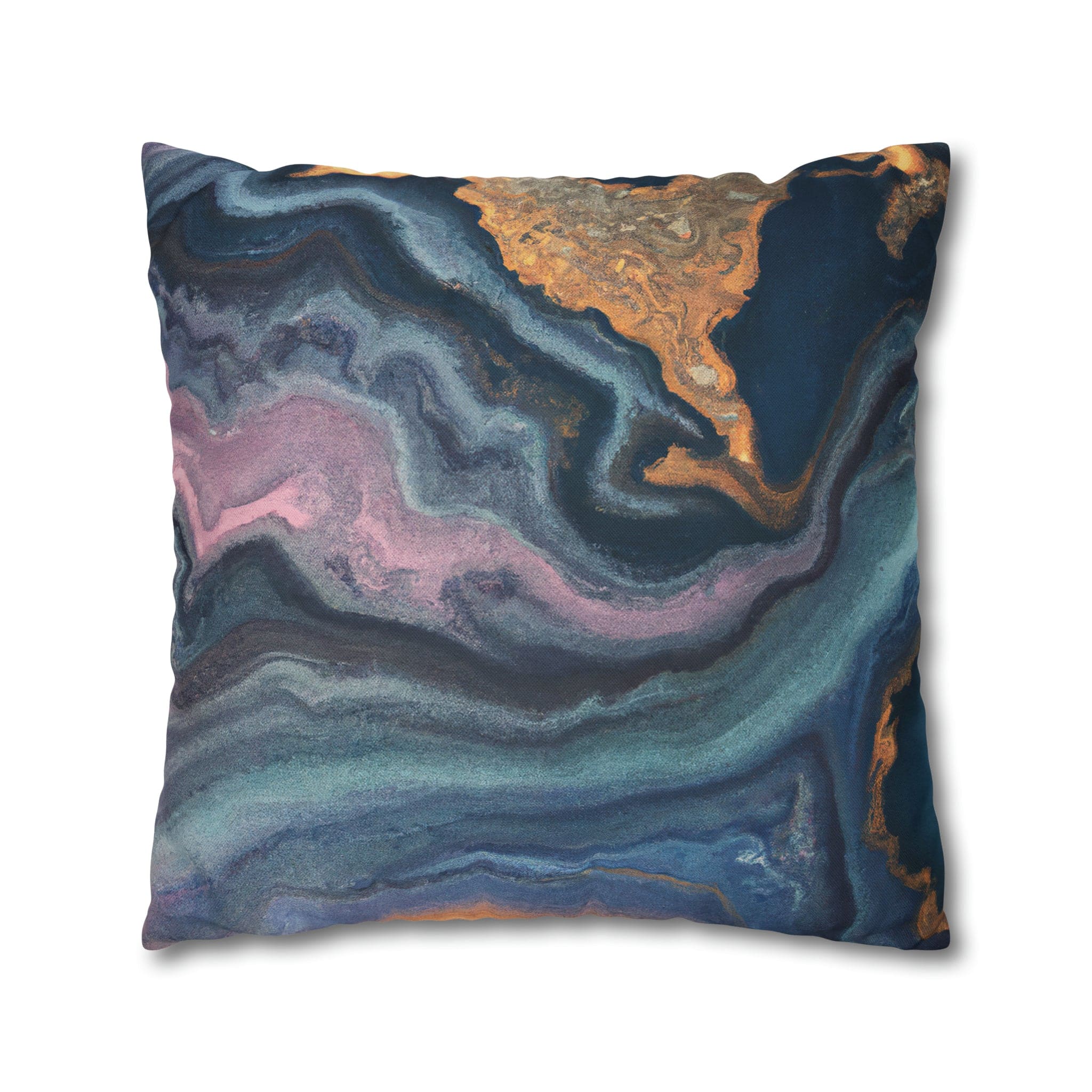 Decorative throw pillow cover featuring a blue, pink, and gold marble swirl pattern, showcasing vibrant colors and a luxurious design.