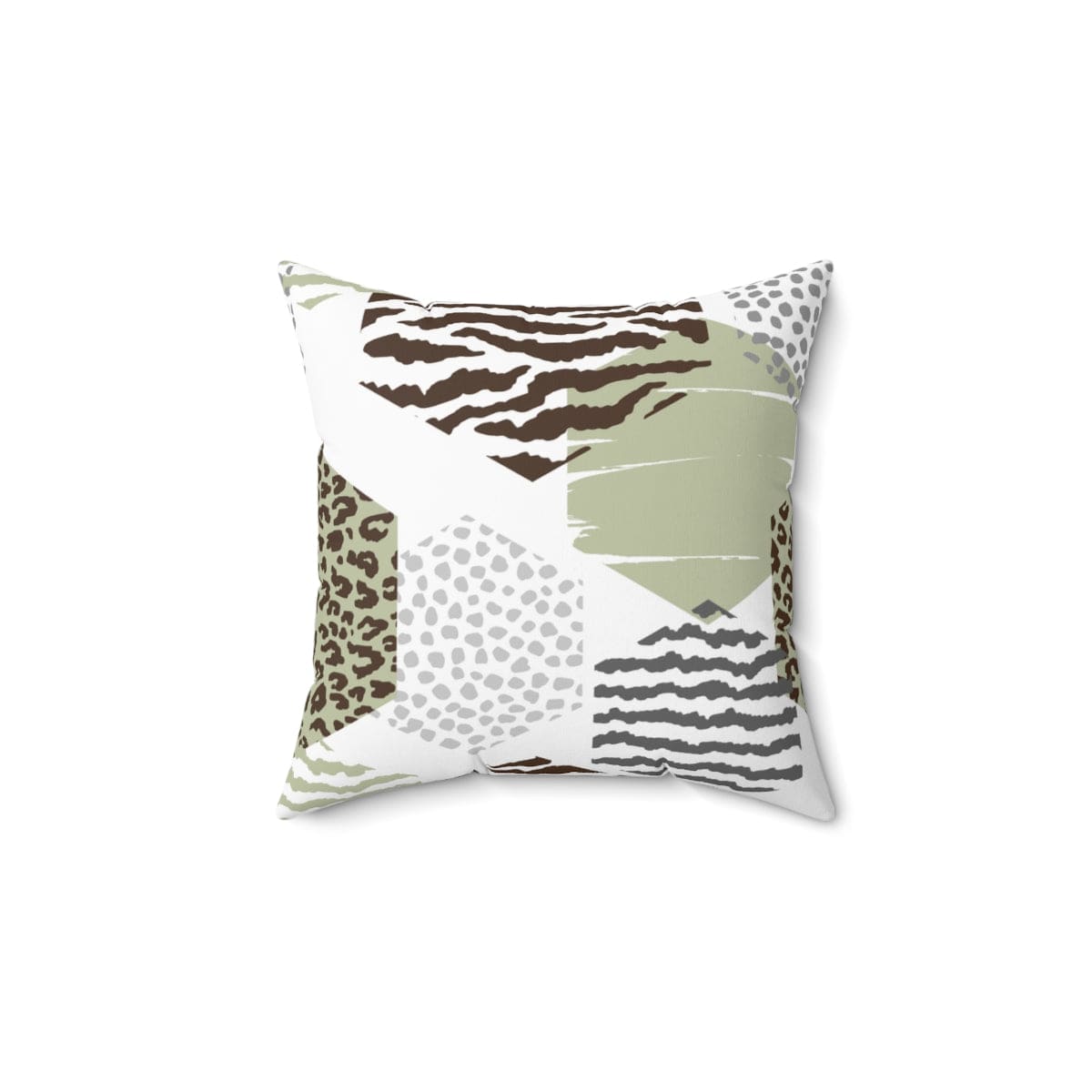 Decorative throw pillow cover featuring a green, grey, and brown hexagon print, ideal for enhancing home decor.