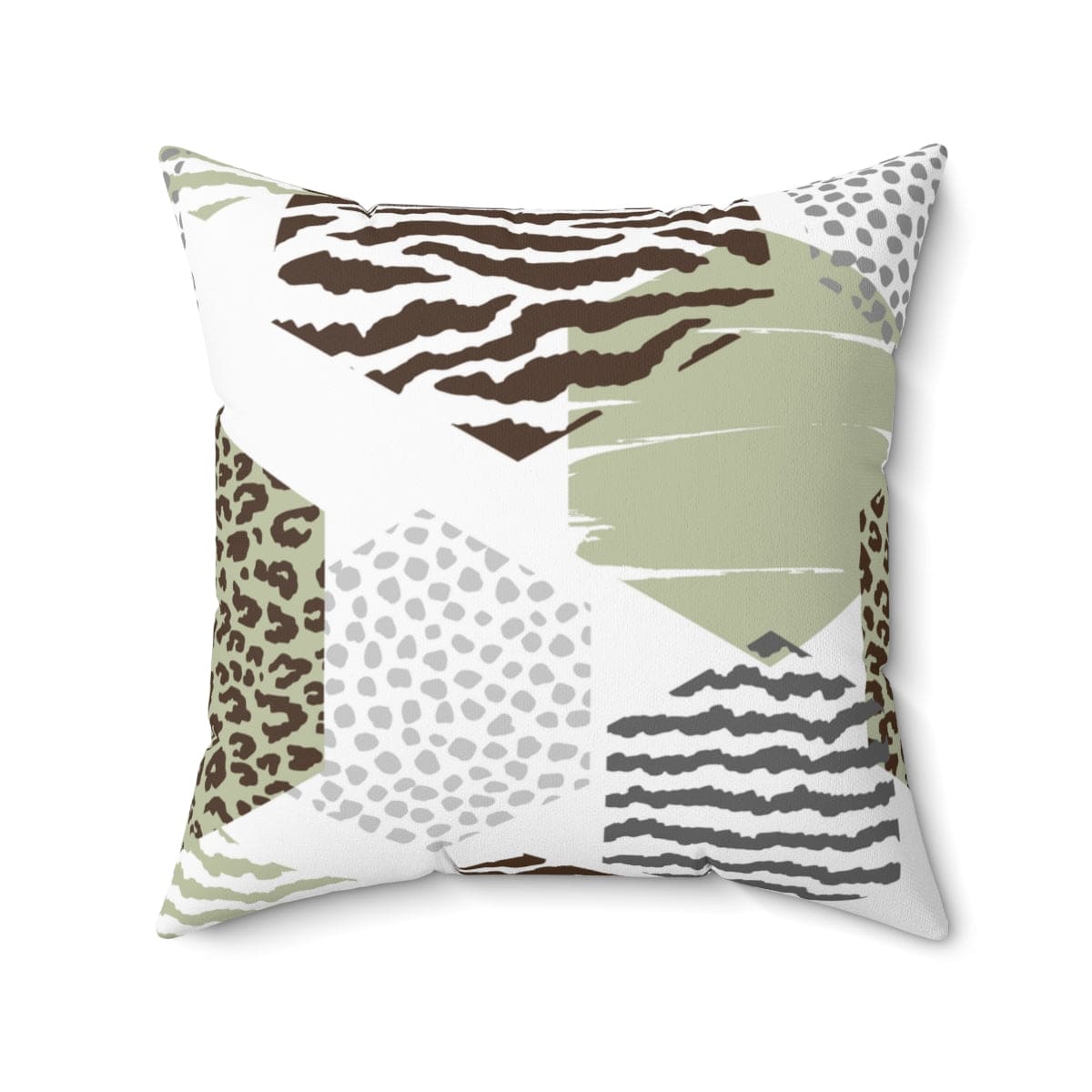 Decorative throw pillow cover featuring a green, grey, and brown hexagon print, ideal for enhancing home decor.