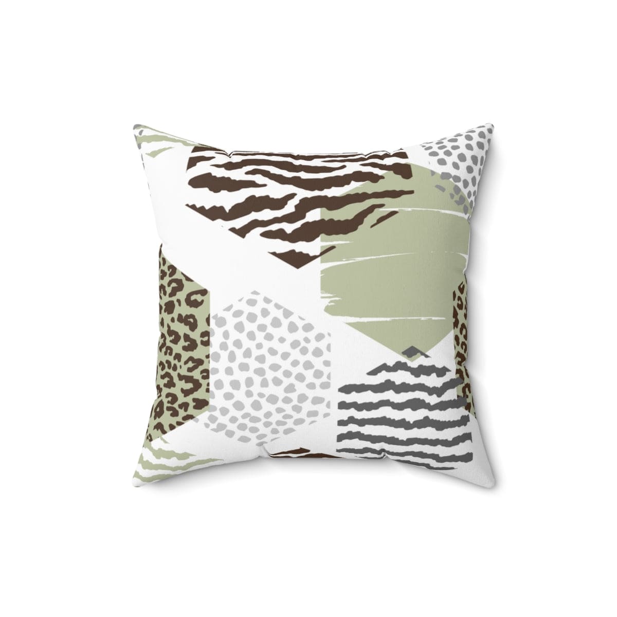 Decorative throw pillow cover featuring a green, grey, and brown hexagon print, ideal for enhancing home decor.