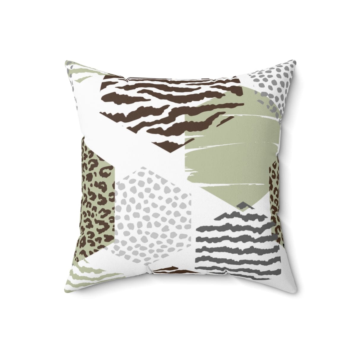 Decorative throw pillow cover featuring a green, grey, and brown hexagon print, ideal for enhancing home decor.