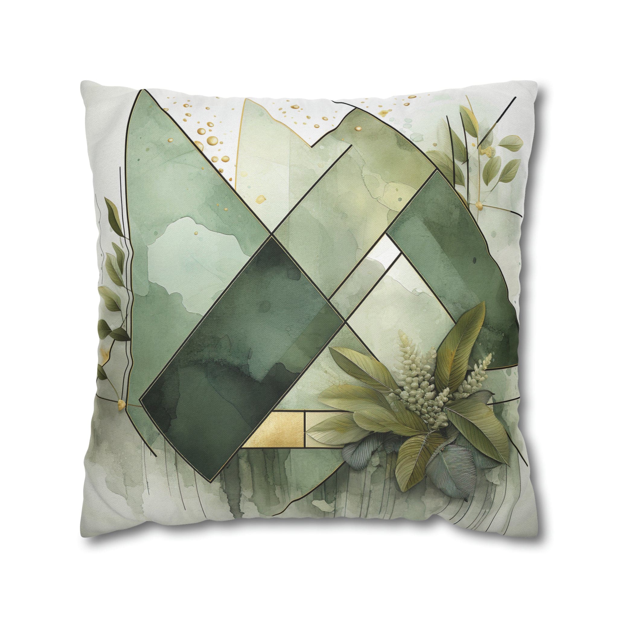 Olive green decorative throw pillow cover featuring a mint leaf design, showcasing its double-sided print and concealed zipper.