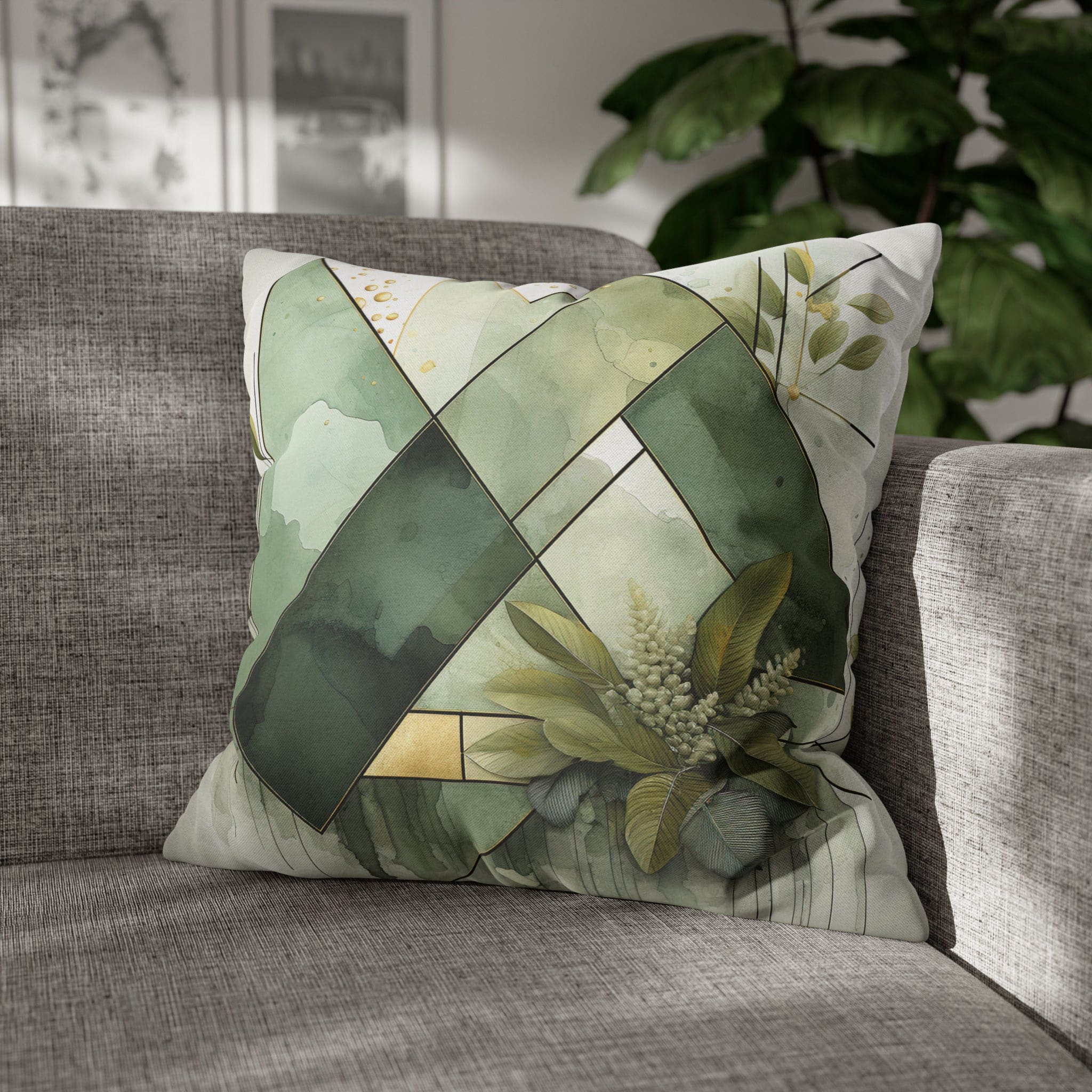 Olive green decorative throw pillow cover featuring a mint leaf design, showcasing its double-sided print and concealed zipper.