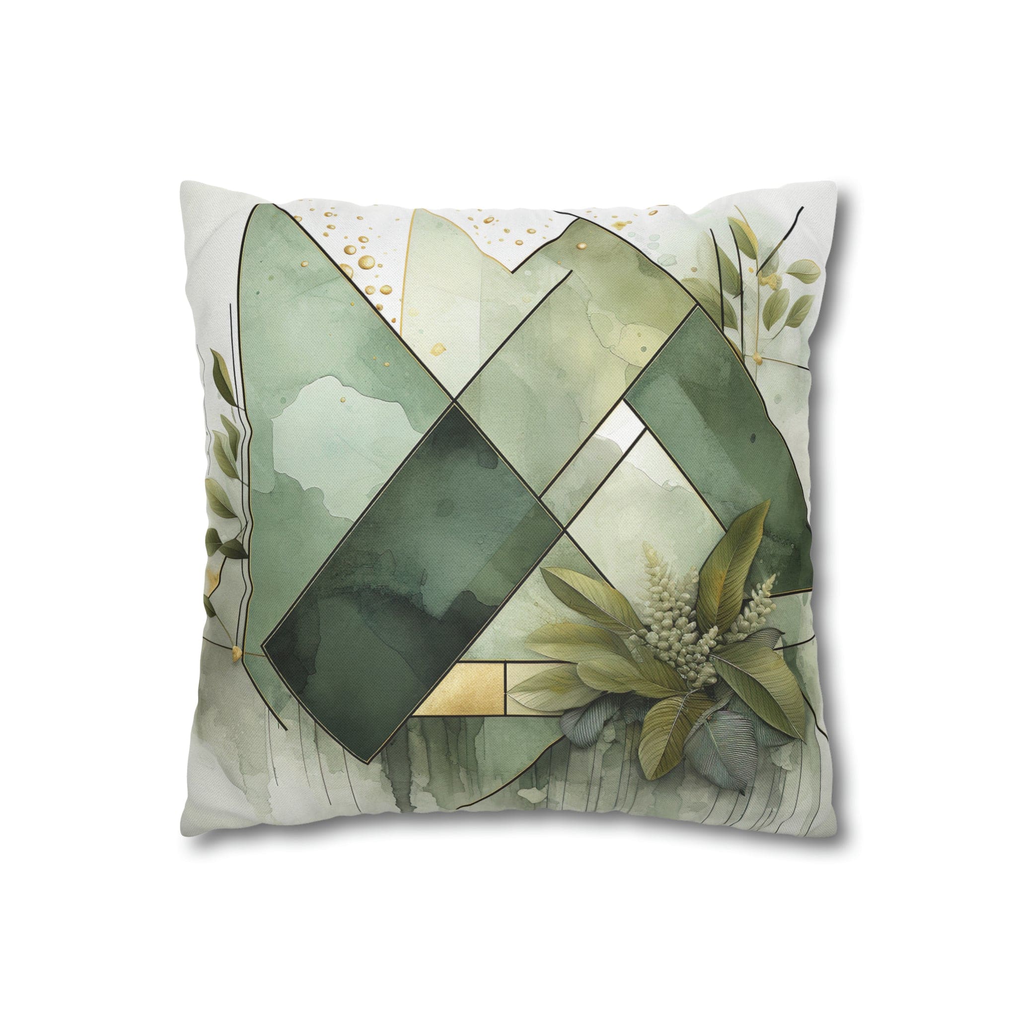 Olive green decorative throw pillow cover featuring a mint leaf design, showcasing its double-sided print and concealed zipper.