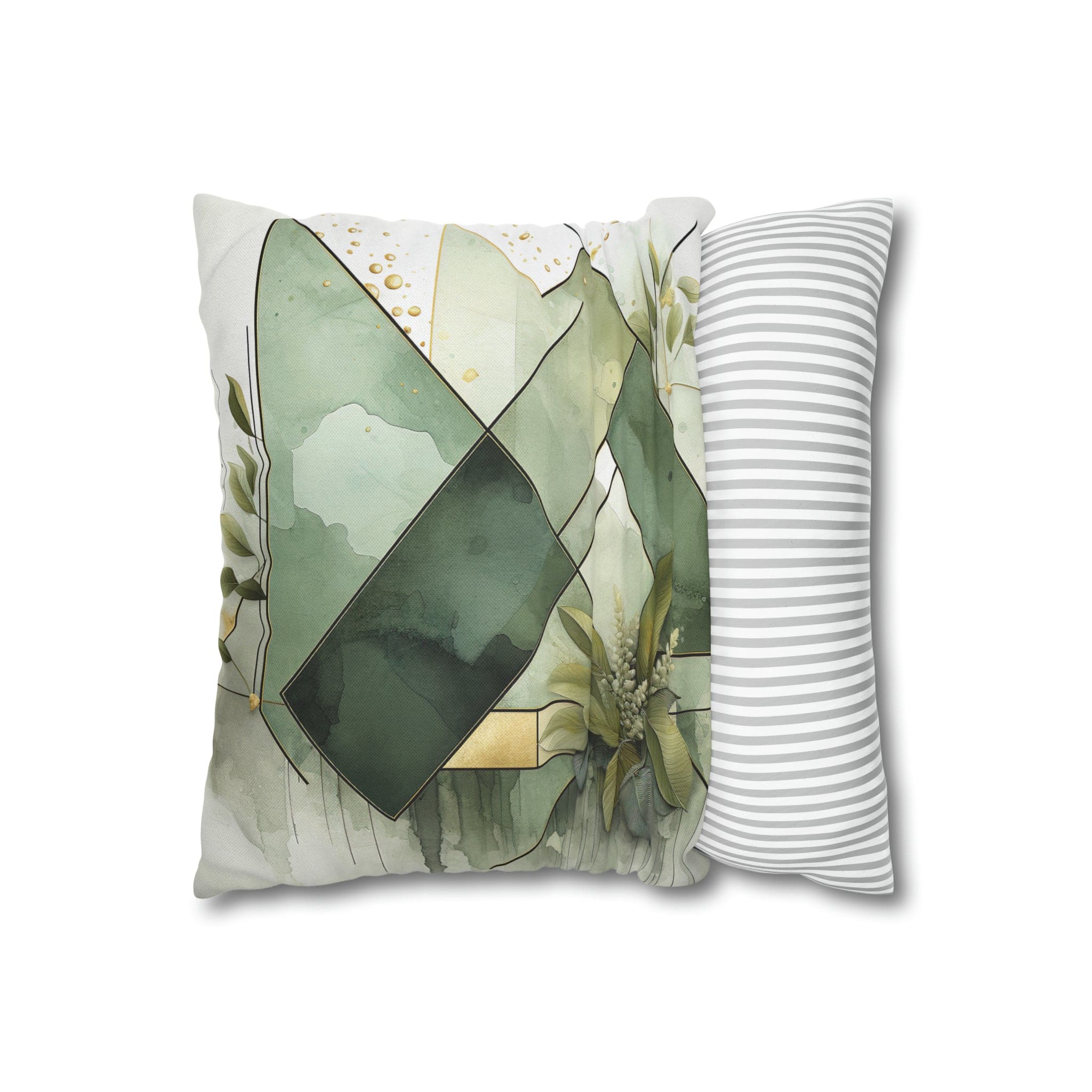 Olive green decorative throw pillow cover featuring a mint leaf design, showcasing its double-sided print and concealed zipper.