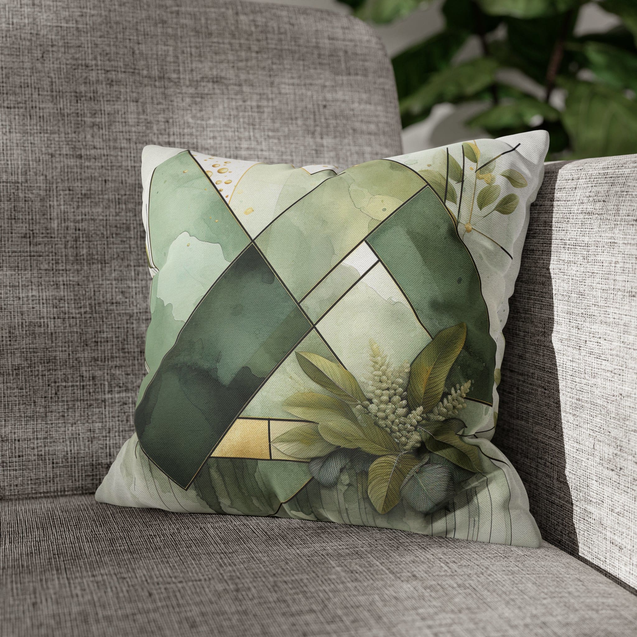 Olive green decorative throw pillow cover featuring a mint leaf design, showcasing its double-sided print and concealed zipper.