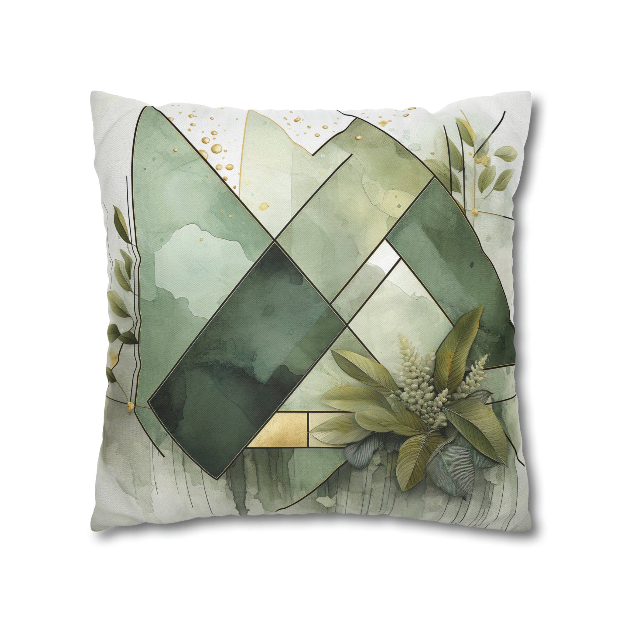 Olive green decorative throw pillow cover featuring a mint leaf design, showcasing its double-sided print and concealed zipper.