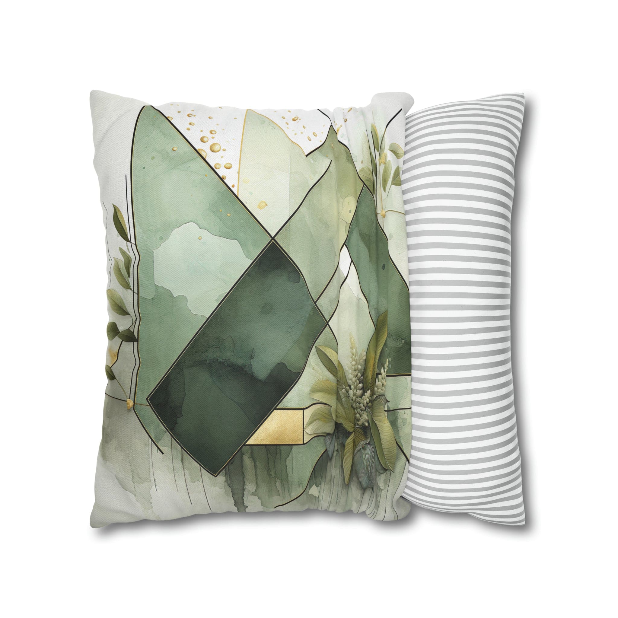 Olive green decorative throw pillow cover featuring a mint leaf design, showcasing its double-sided print and concealed zipper.