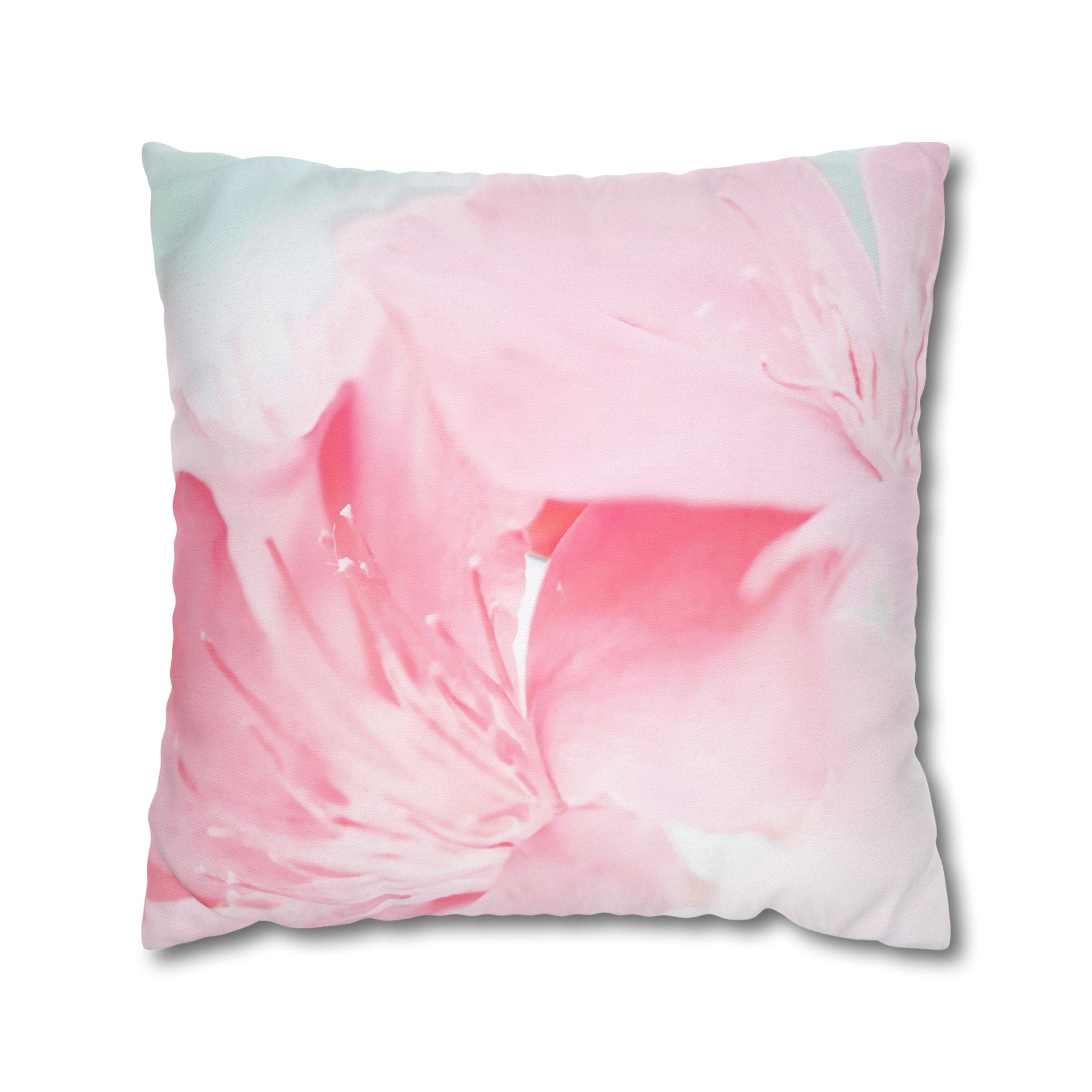 Decorative throw pillow cover featuring a peaceful pink flower bloom design, showcasing vibrant colors and a concealed zipper.