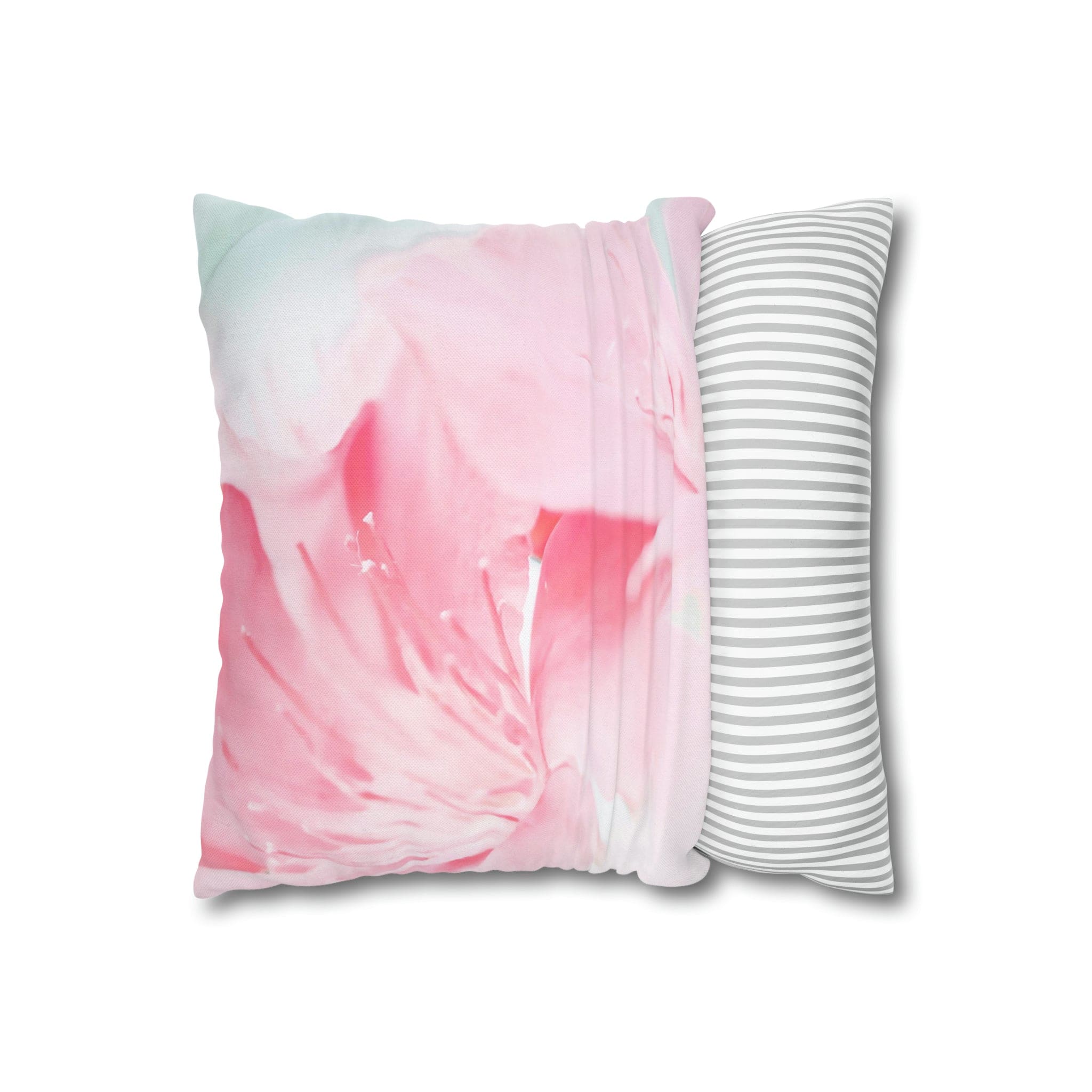 Decorative throw pillow cover featuring a peaceful pink flower bloom design, showcasing vibrant colors and a concealed zipper.