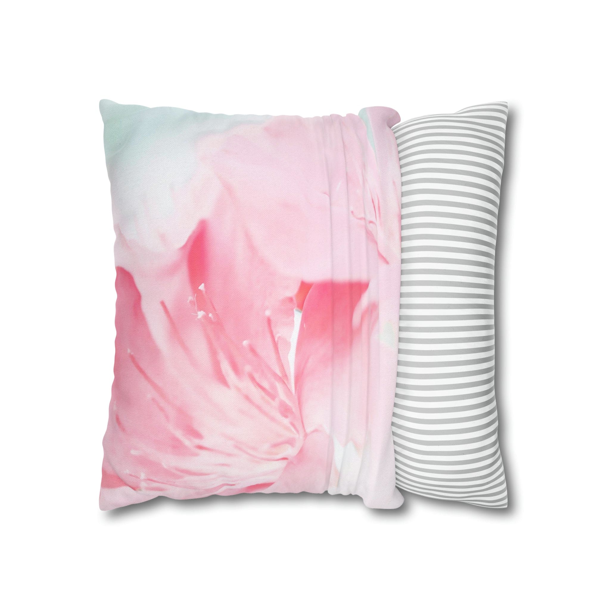 Decorative throw pillow cover featuring a peaceful pink flower bloom design, showcasing vibrant colors and a concealed zipper.