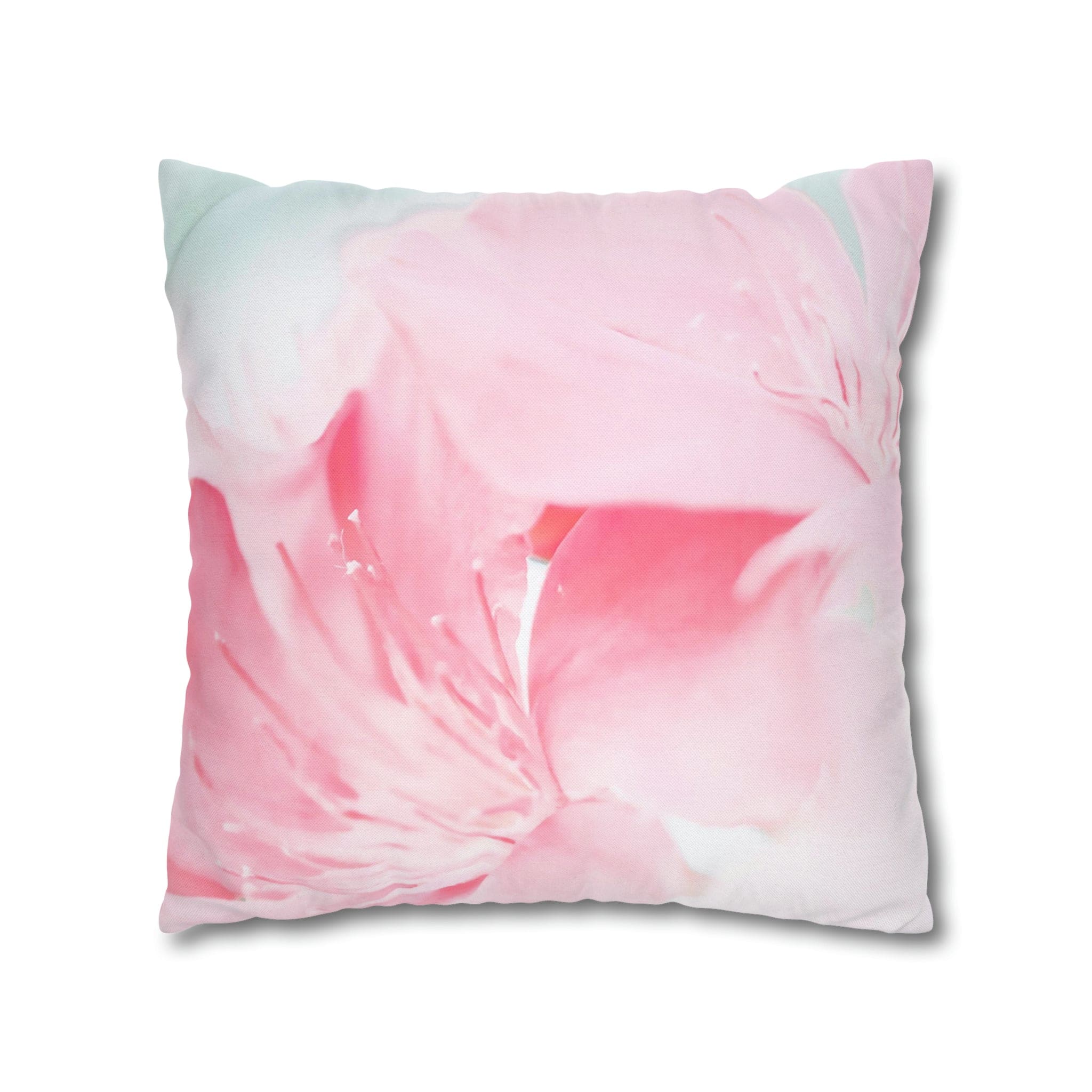 Decorative throw pillow cover featuring a peaceful pink flower bloom design, showcasing vibrant colors and a concealed zipper.