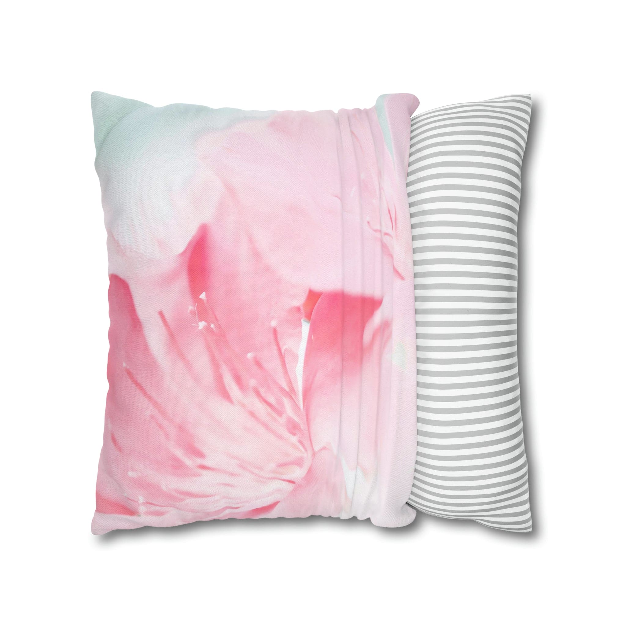 Decorative throw pillow cover featuring a peaceful pink flower bloom design, showcasing vibrant colors and a concealed zipper.