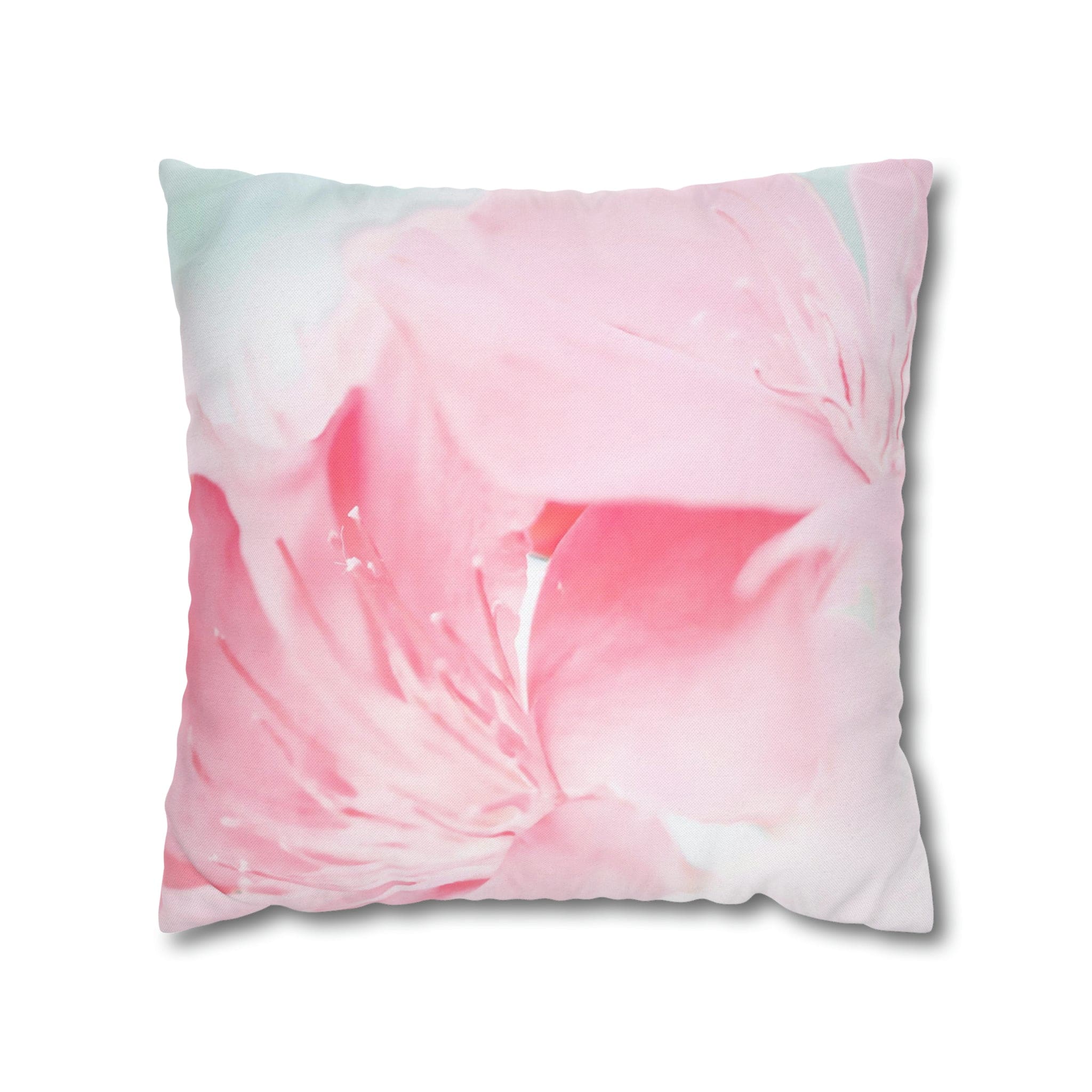 Decorative throw pillow cover featuring a peaceful pink flower bloom design, showcasing vibrant colors and a concealed zipper.