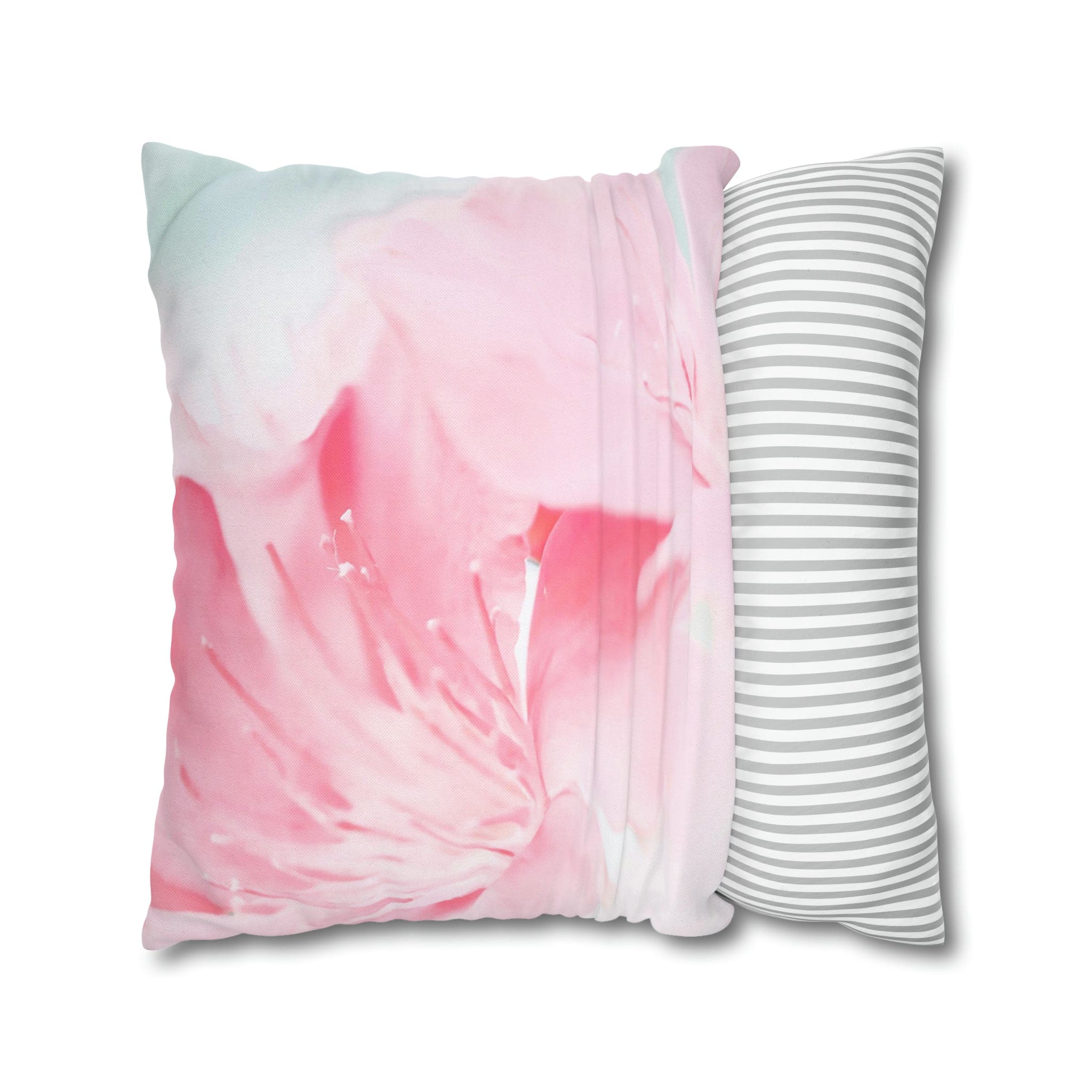 Decorative throw pillow cover featuring a peaceful pink flower bloom design, showcasing vibrant colors and a concealed zipper.