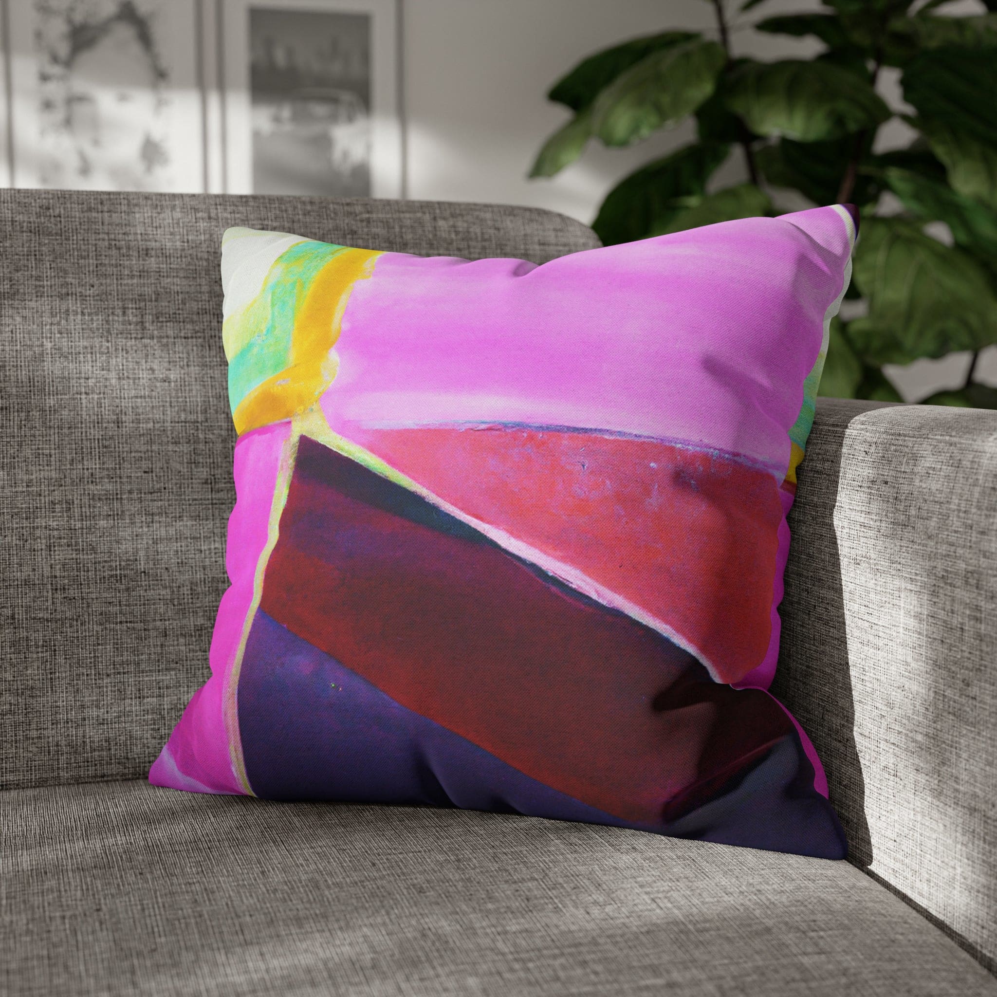 Decorative throw pillow cover featuring a pink, purple, and red geometric pattern, showcasing its vibrant colors and stylish design.