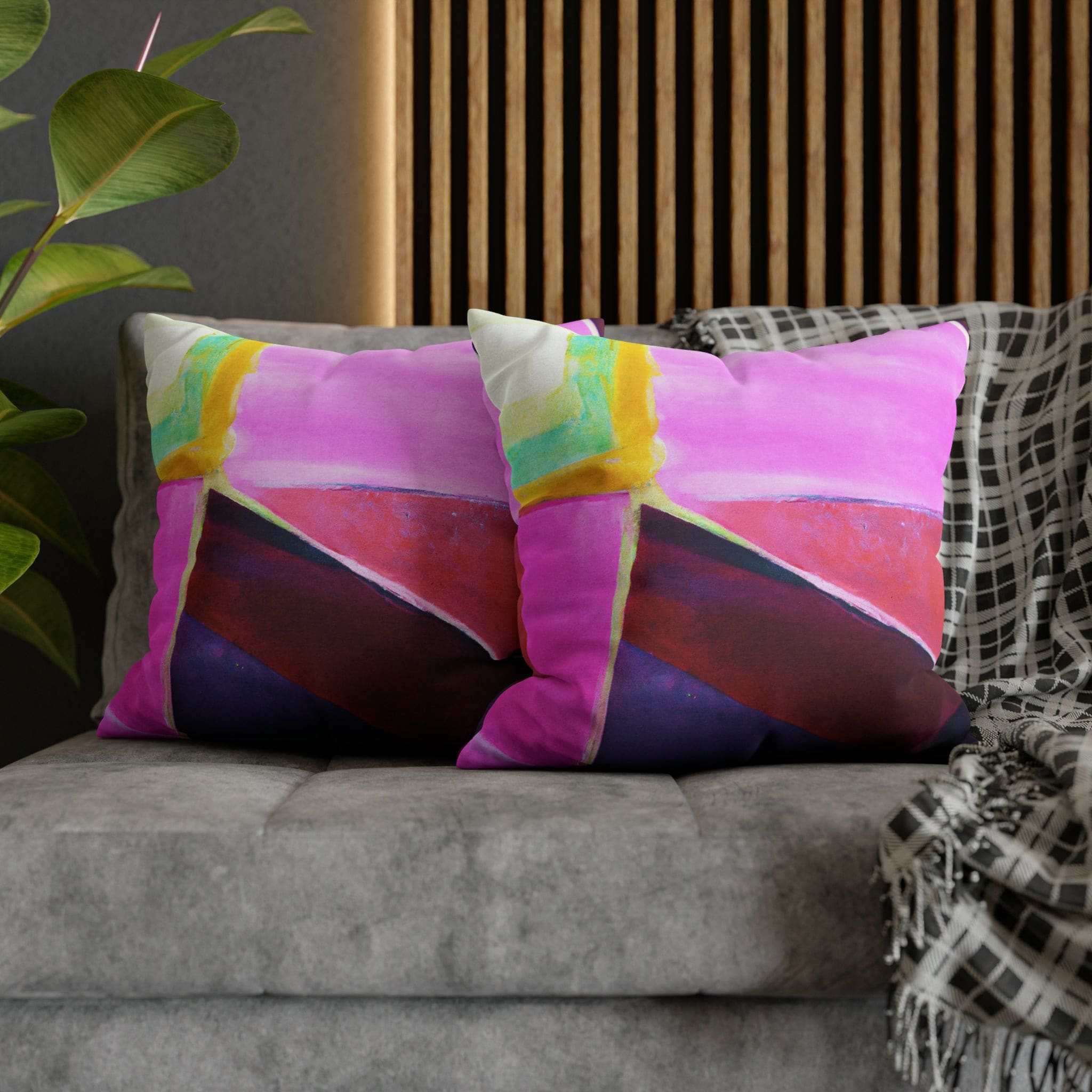 Decorative throw pillow cover featuring a pink, purple, and red geometric pattern, showcasing its vibrant colors and stylish design.