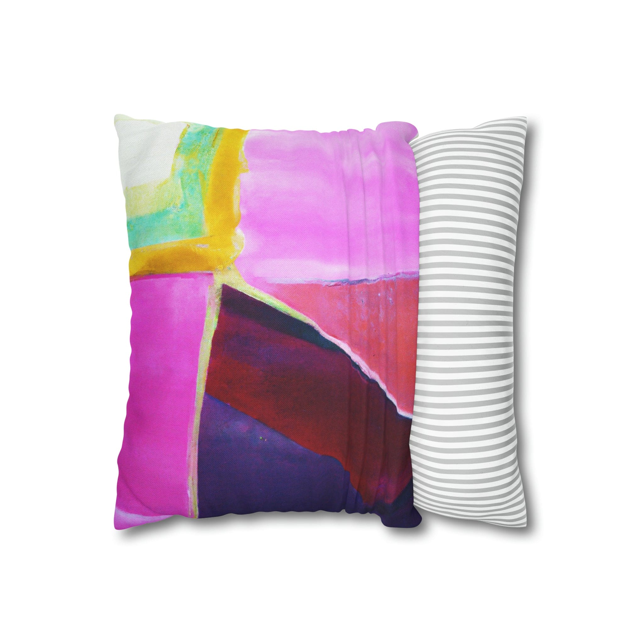 Decorative throw pillow cover featuring a pink, purple, and red geometric pattern, showcasing its vibrant colors and stylish design.