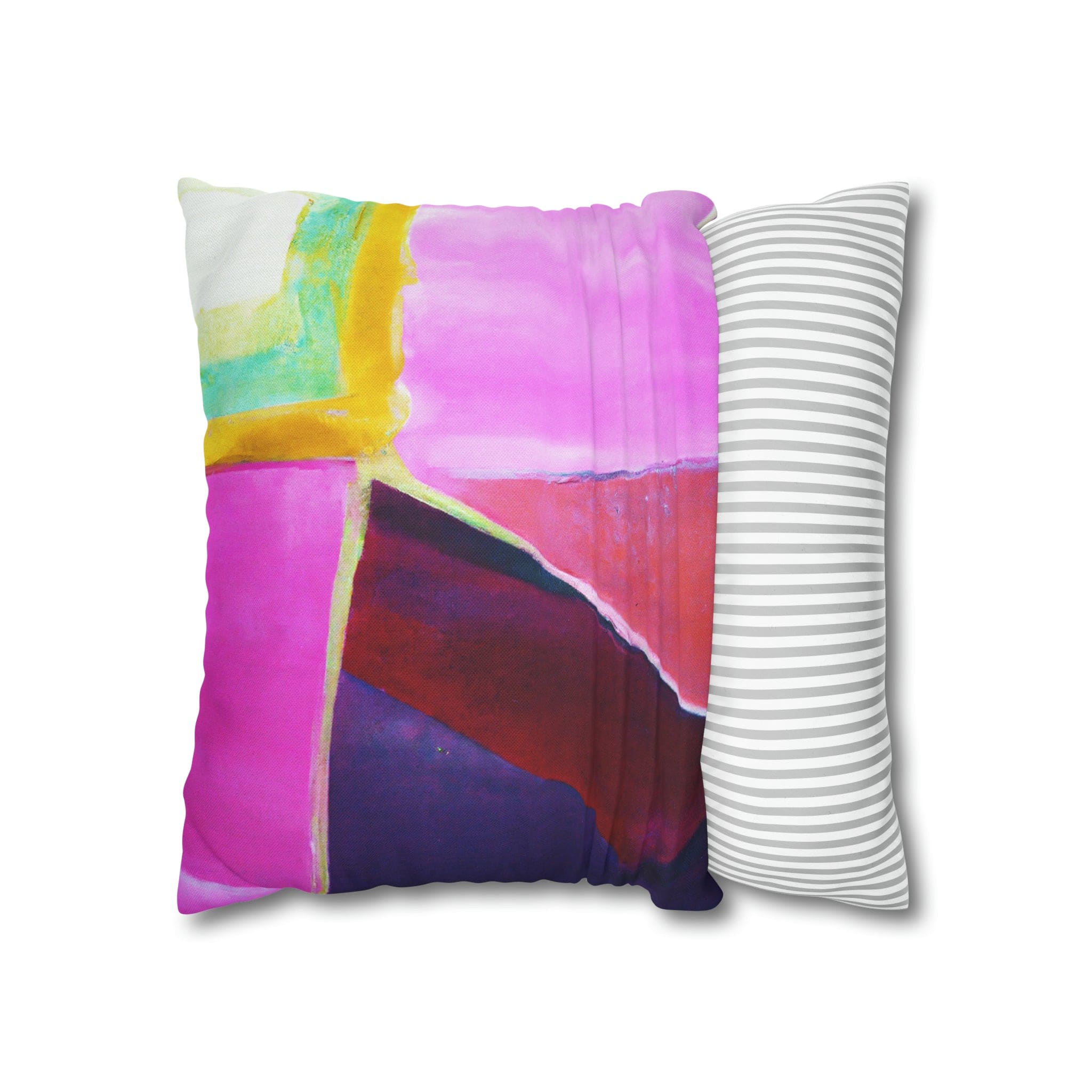 Decorative throw pillow cover featuring a pink, purple, and red geometric pattern, showcasing its vibrant colors and stylish design.