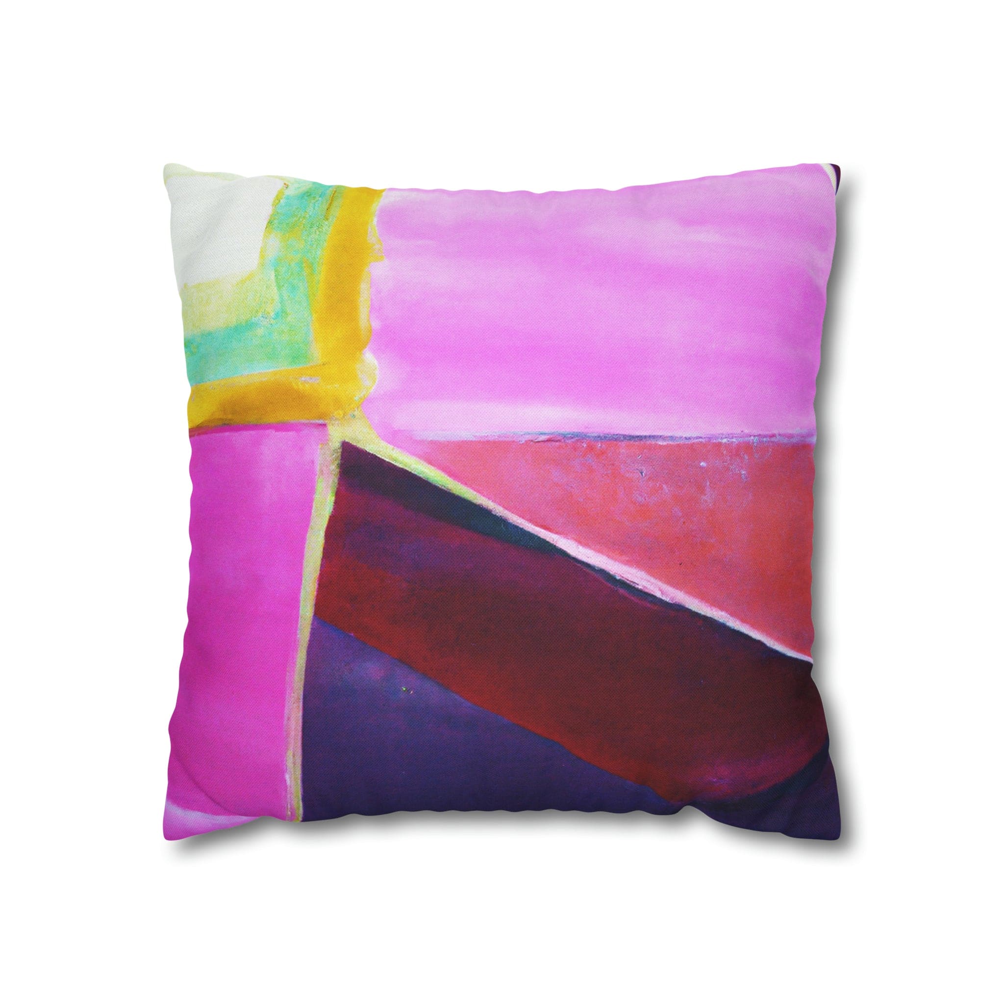 Decorative throw pillow cover featuring a pink, purple, and red geometric pattern, showcasing its vibrant colors and stylish design.