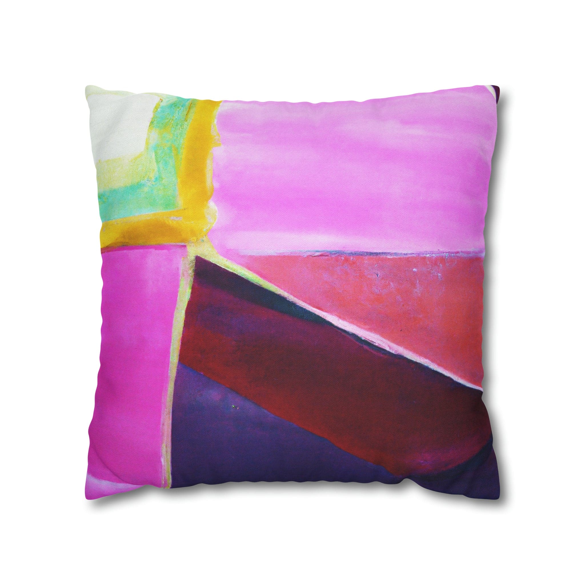 Decorative throw pillow cover featuring a pink, purple, and red geometric pattern, showcasing its vibrant colors and stylish design.