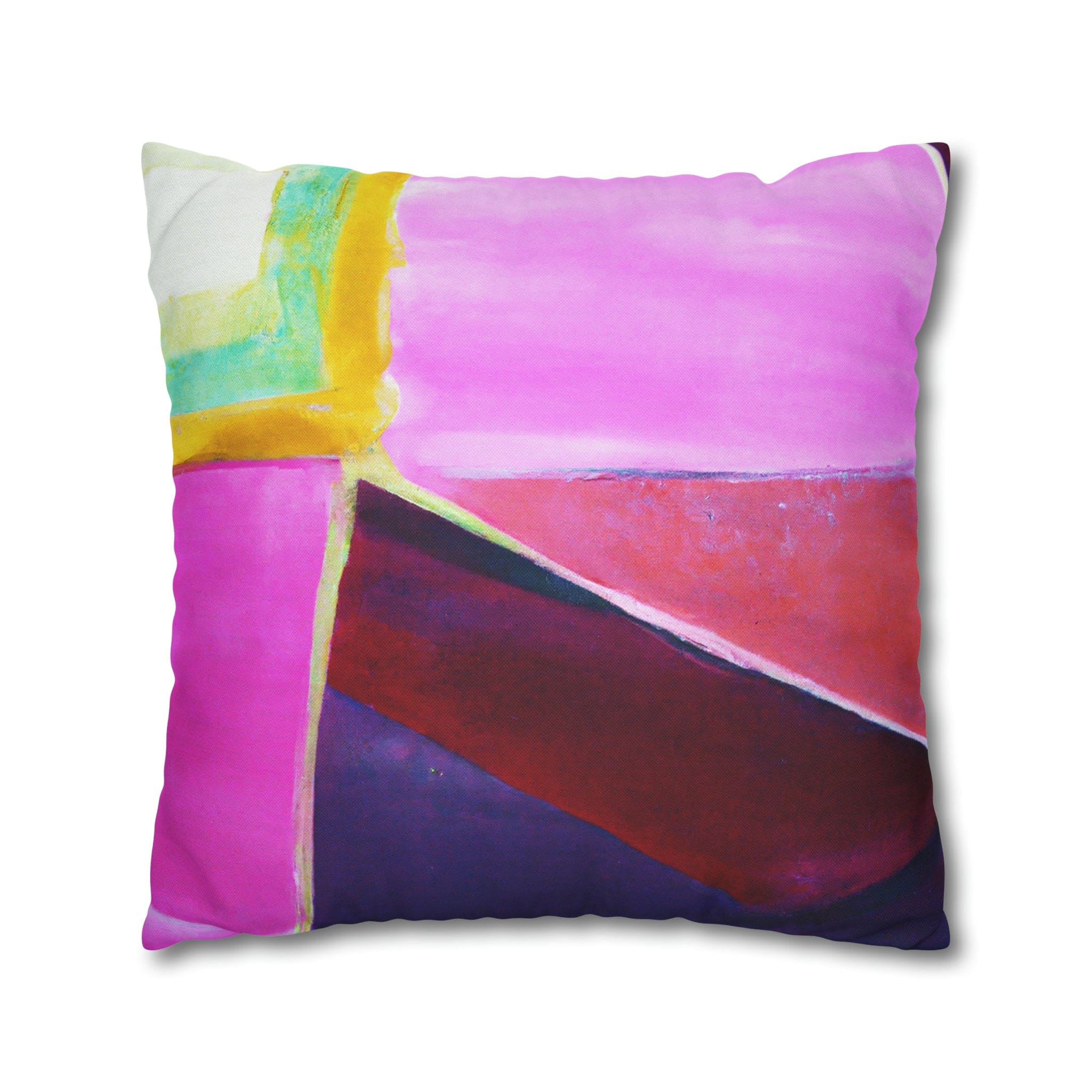 Decorative throw pillow cover featuring a pink, purple, and red geometric pattern, showcasing its vibrant colors and stylish design.