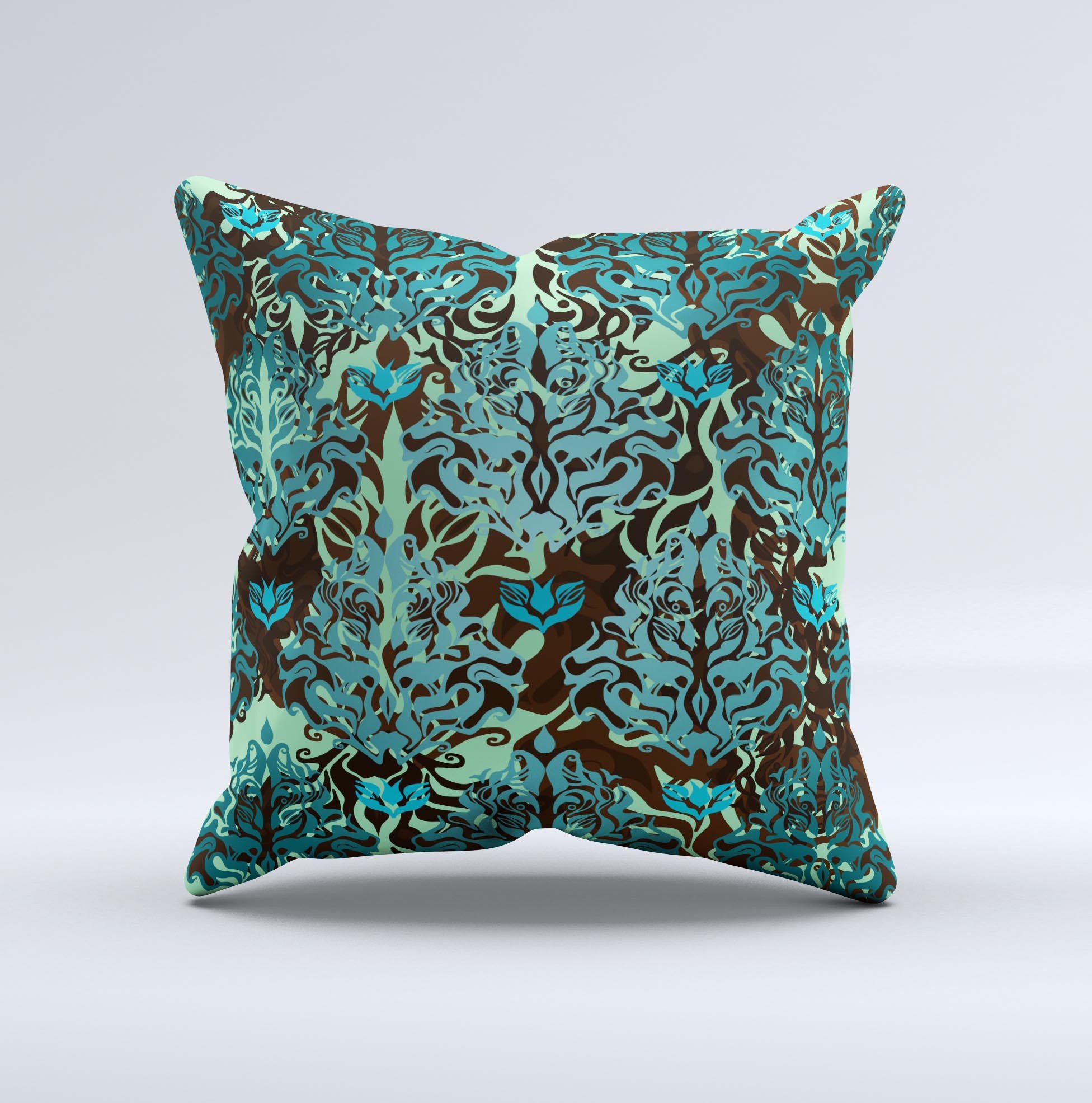 Delicate Abstract Green Pattern Ink-Fuzed Decorative Throw Pillow showcasing intricate design and vibrant colors, perfect for home decor.