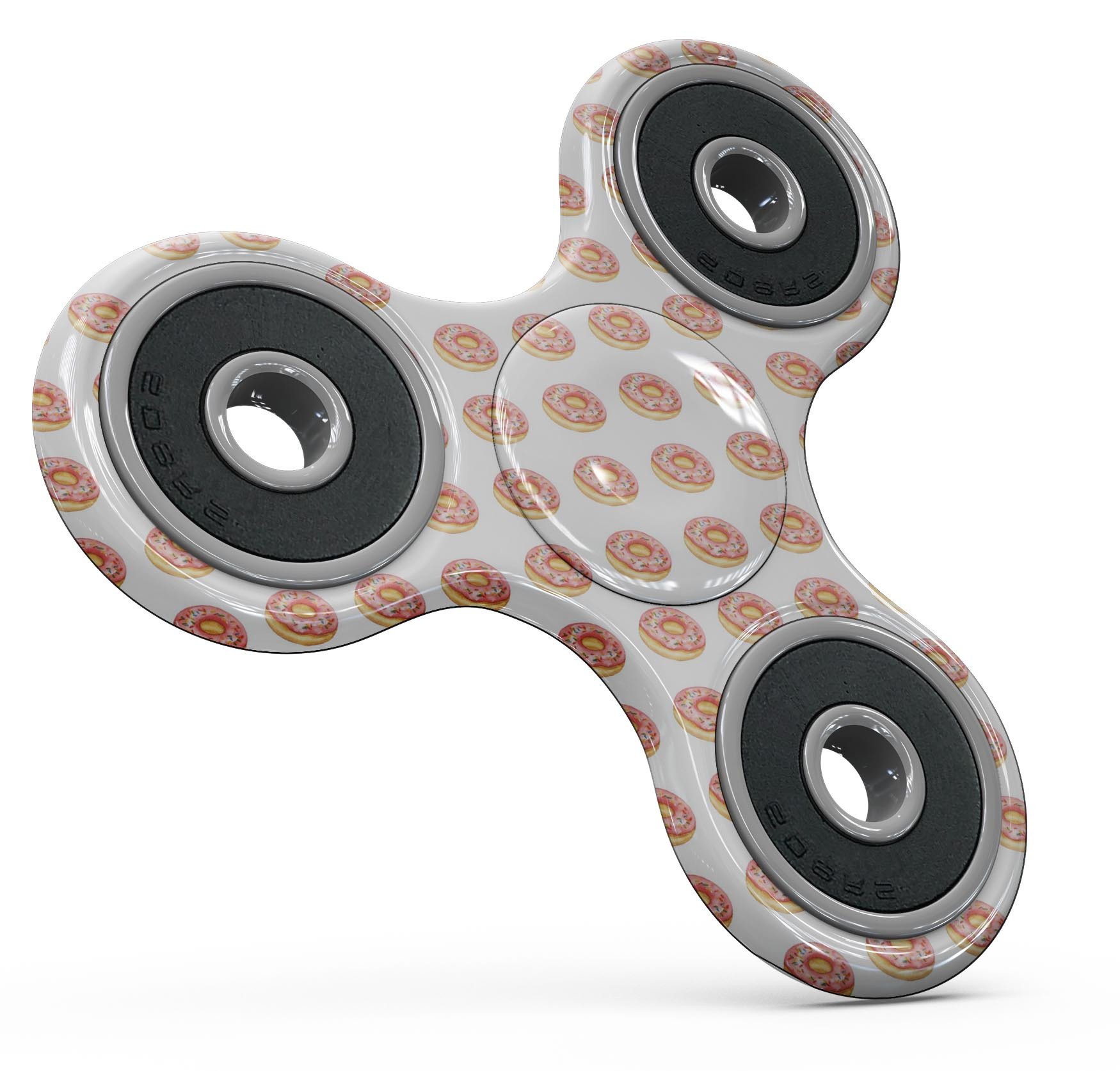 A vibrant pink donut fidget spinner skin with colorful sprinkles, showcasing a fun and playful design.