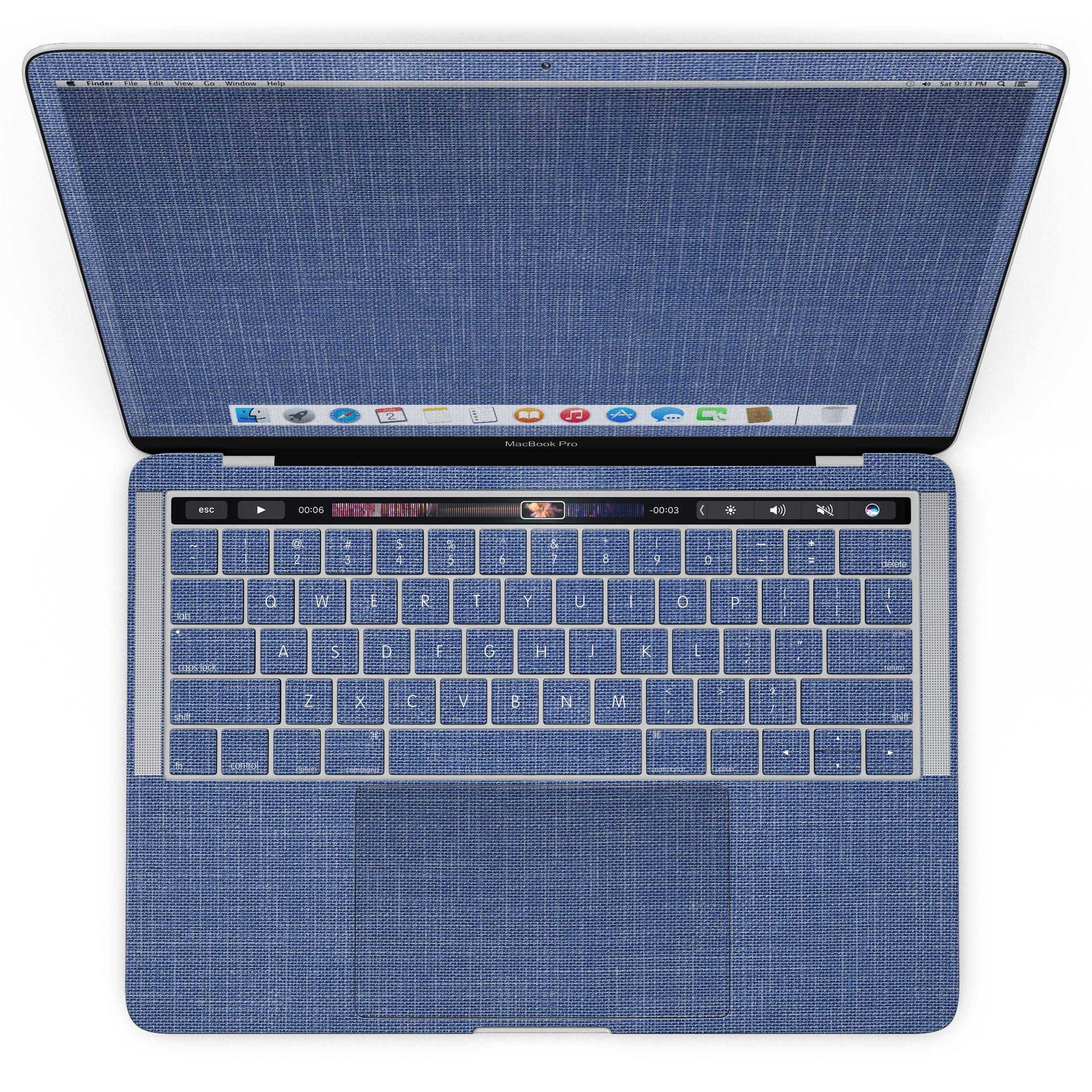 Deep Blue Jean Fabric Pattern skin for MacBook Pro with Touch Bar, showcasing a stylish denim design that fits perfectly on the device.