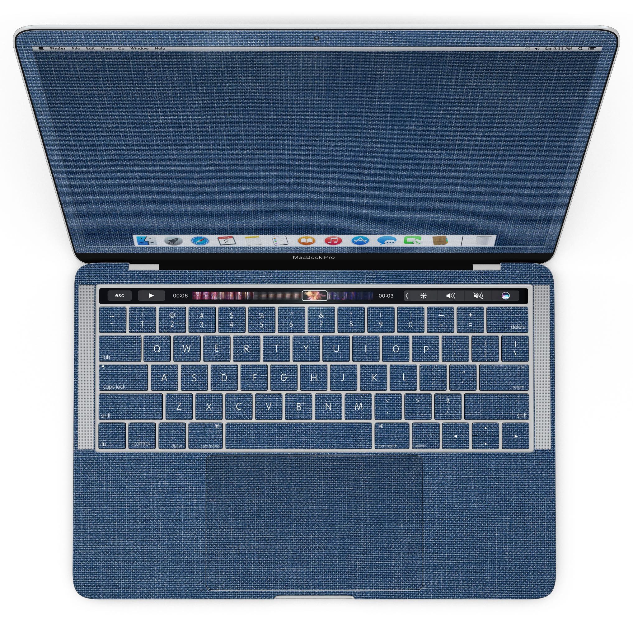 Deep Blue Sea Fabric skin applied to a MacBook Pro with Touch Bar, showcasing vibrant colors and a sleek design.